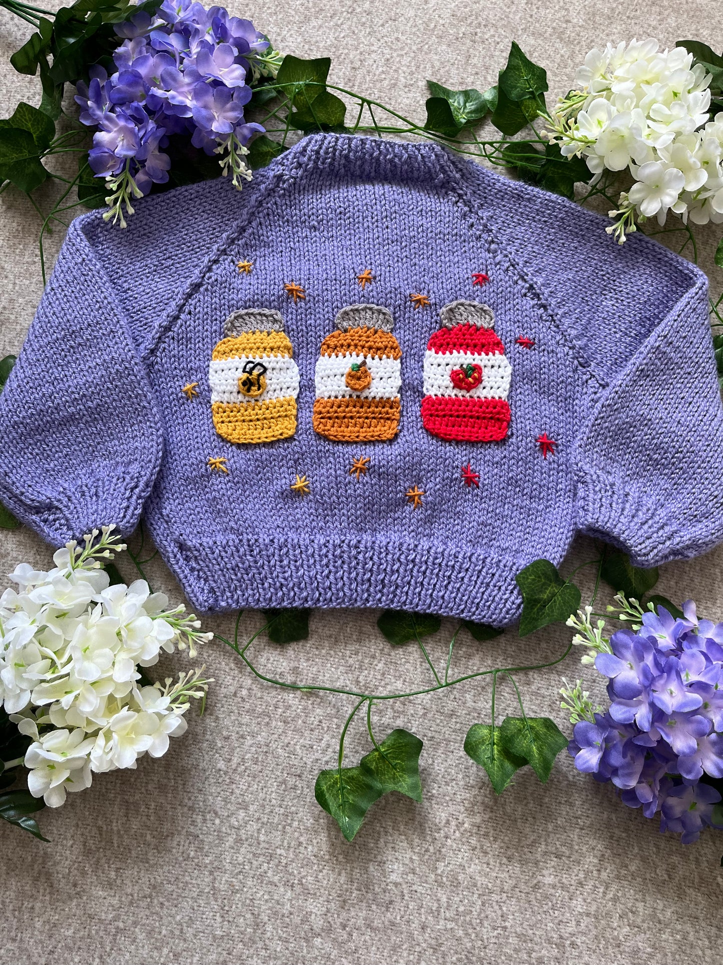 Size 6-12 Months, 3 Jars, Honey, Marmalade, Jam, Purple Hand Knitted Cardigan