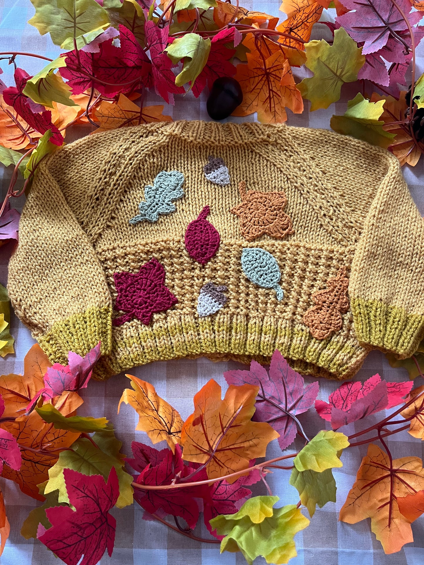 Size 1-2 Years, Autumn Leaves, Cropped Style Cardi, Mustard with Trim