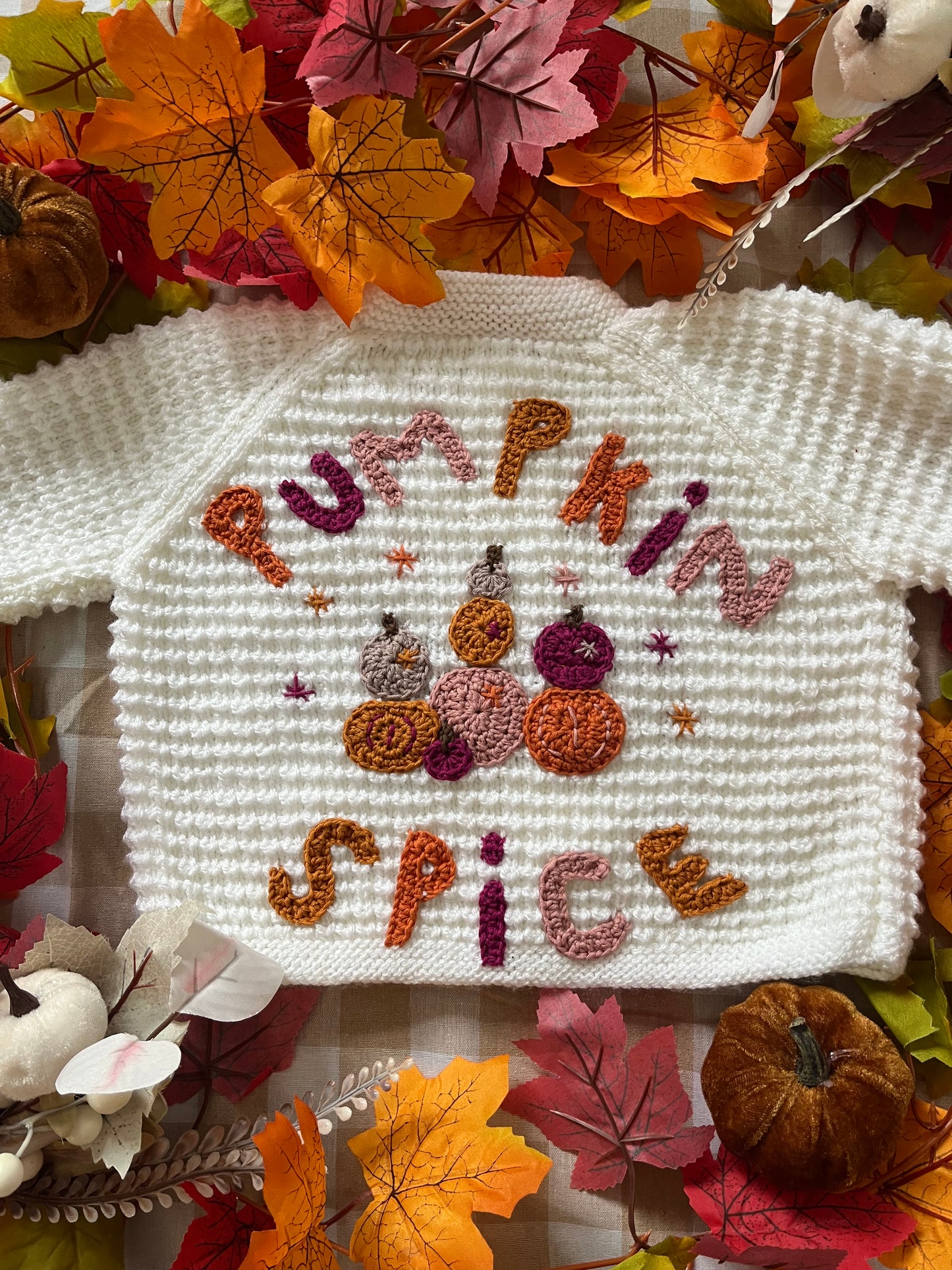 Size 1-2 Years, Pumpkin Spice, White Hand knitted Cardigan