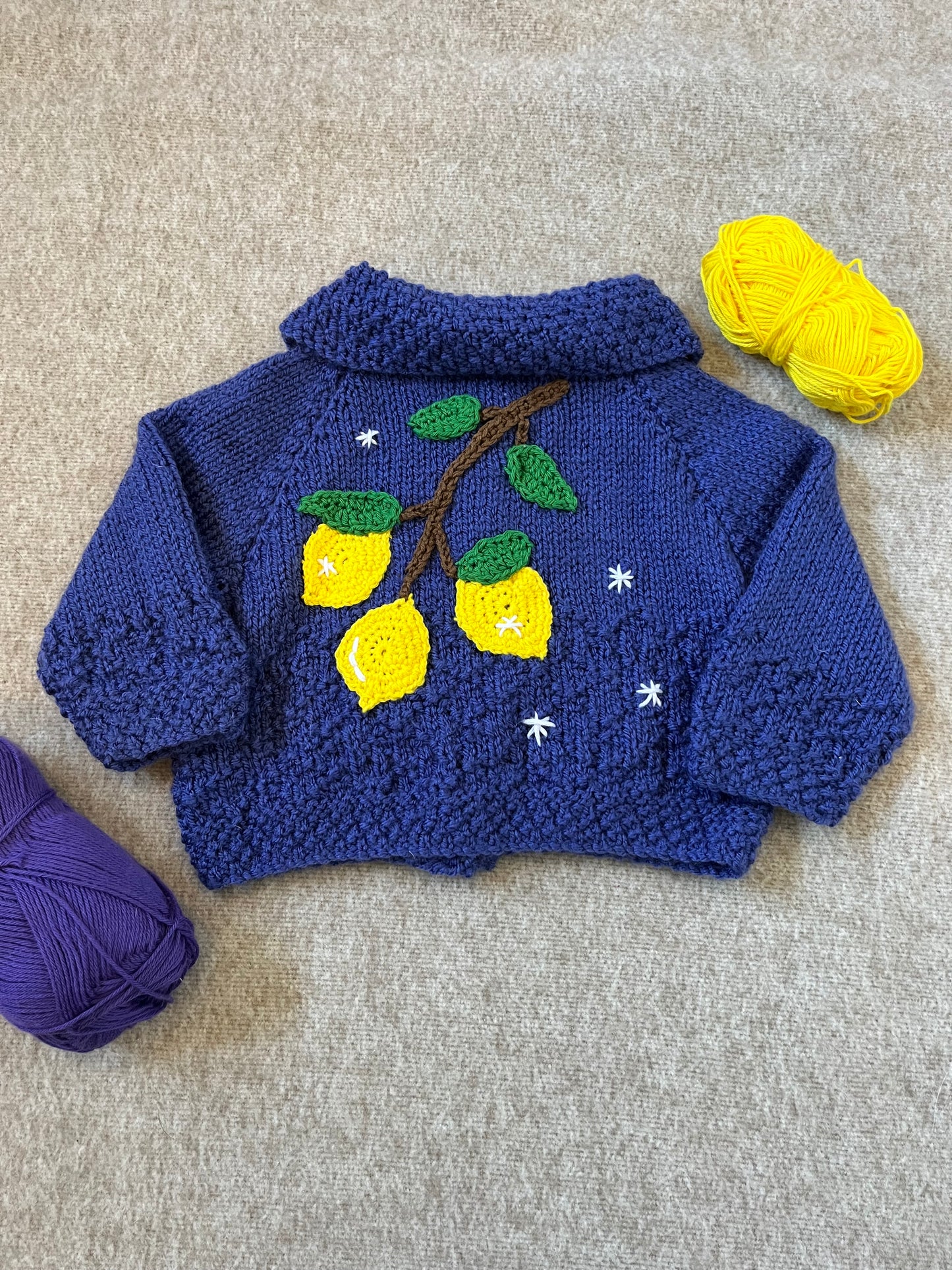 Size 0-3 Months, Baby Girl Hand Knitted Purple Cardigan, Lemon Tree, Baby Gift