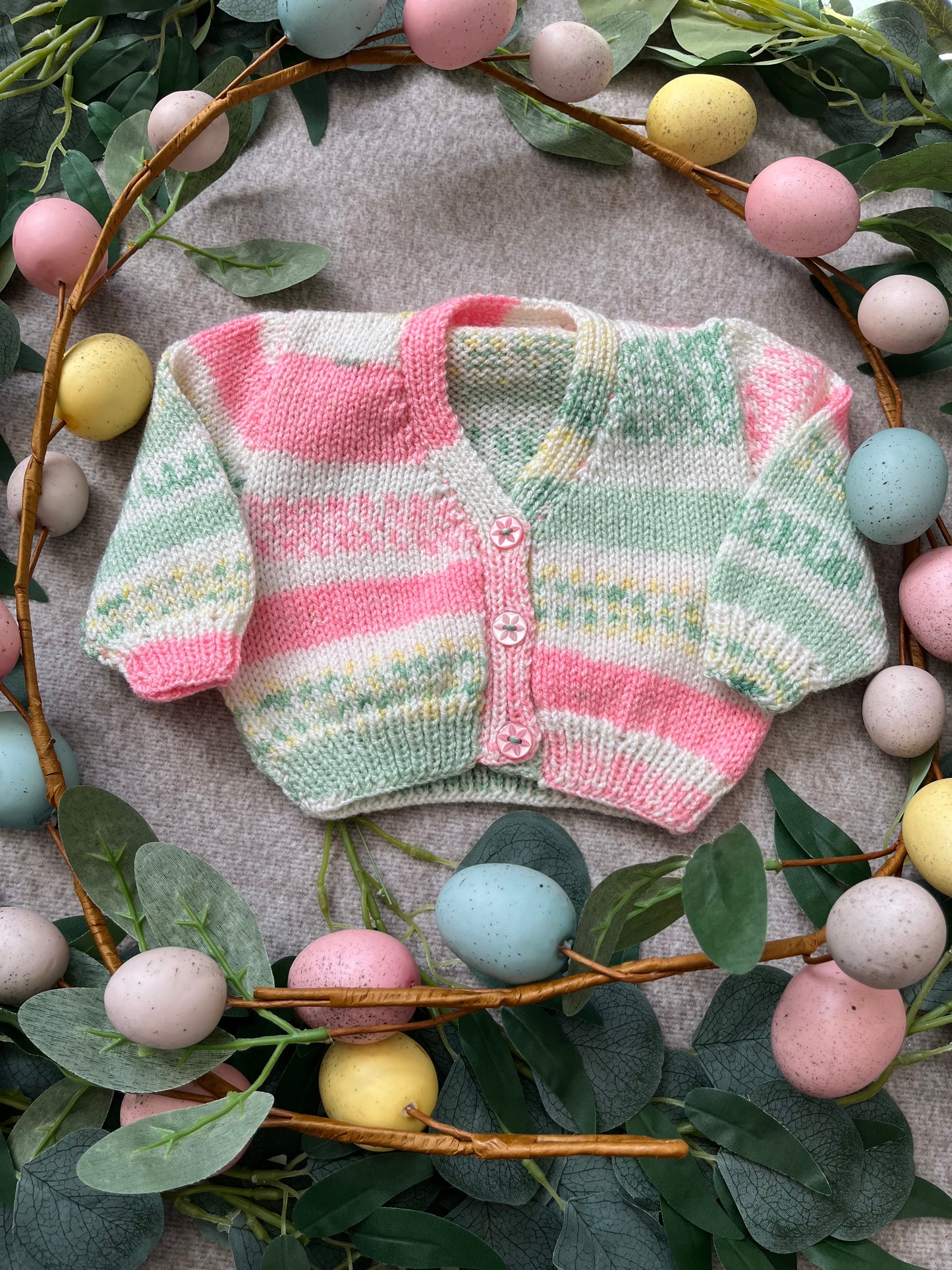 Personalise Me, Size 0-3 Months, Duck & Chicks, Pink & Green Hand knitted Cardigan