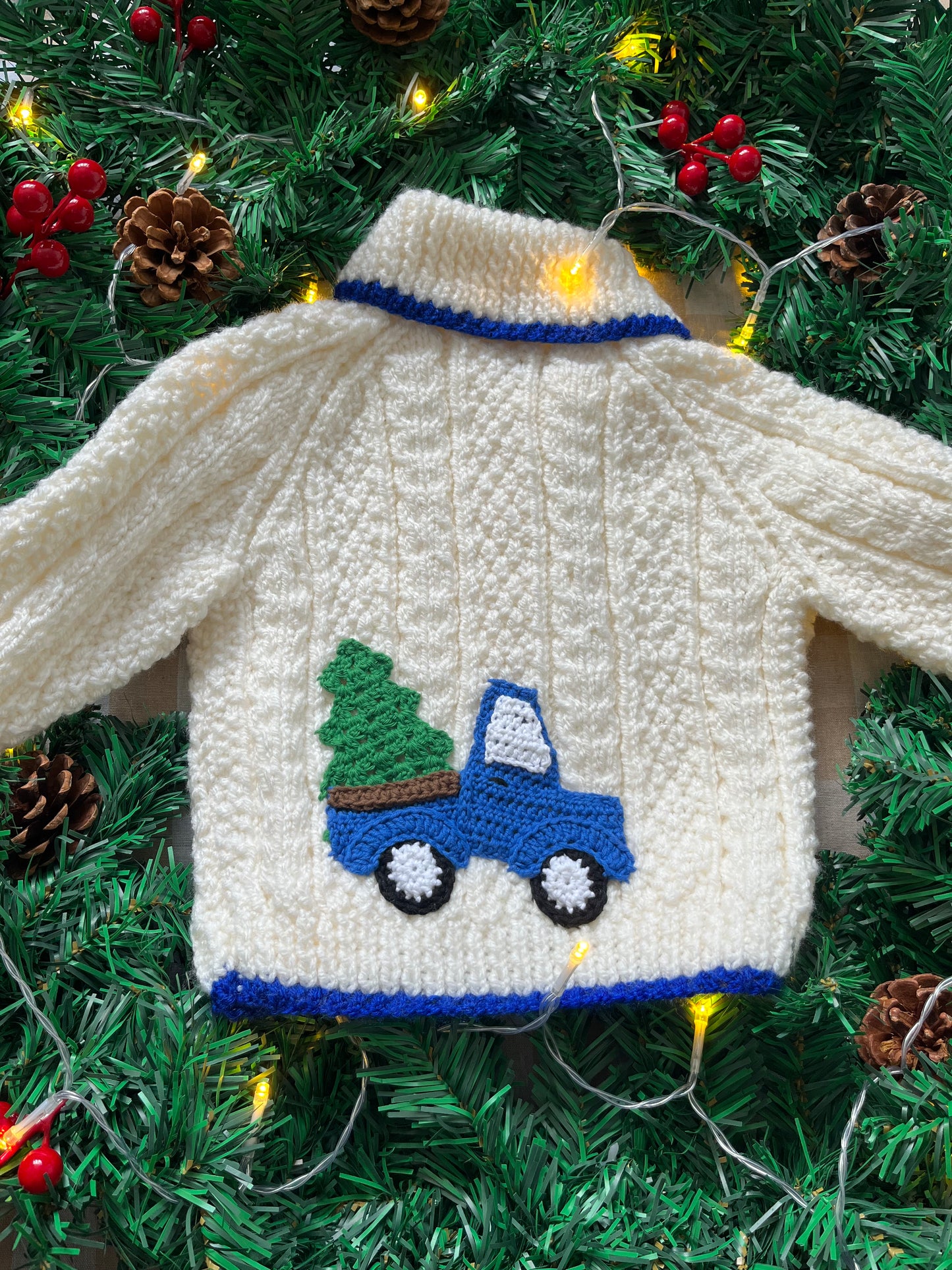 Personalise Me, Size 12-18 Months, Blue Christmas Truck Name Cardi