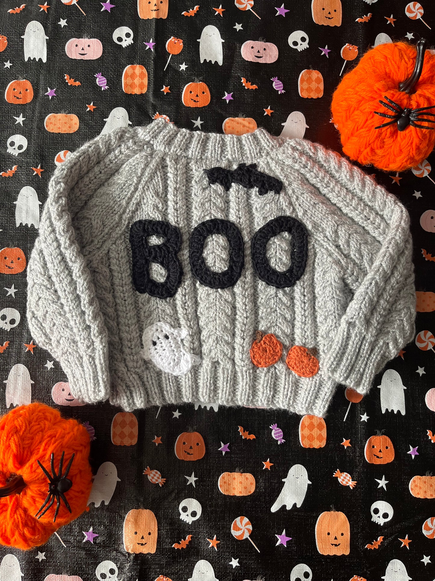 Size 0-3 Months, Boo Cardigan, Halloween Baby Cardigan, Grey Hand knitted