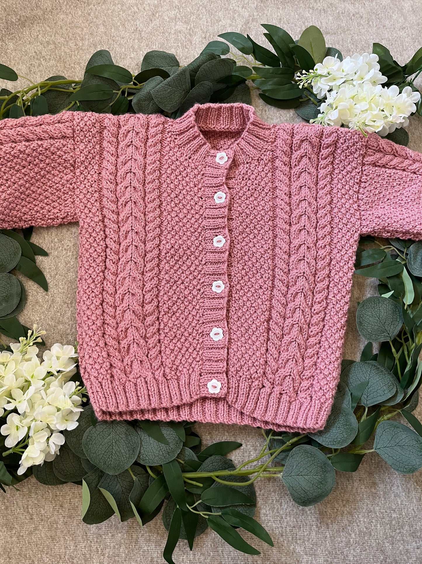 Size 3-5 Years, Strawberry Picking, Pink Hand Knitted Cardigan