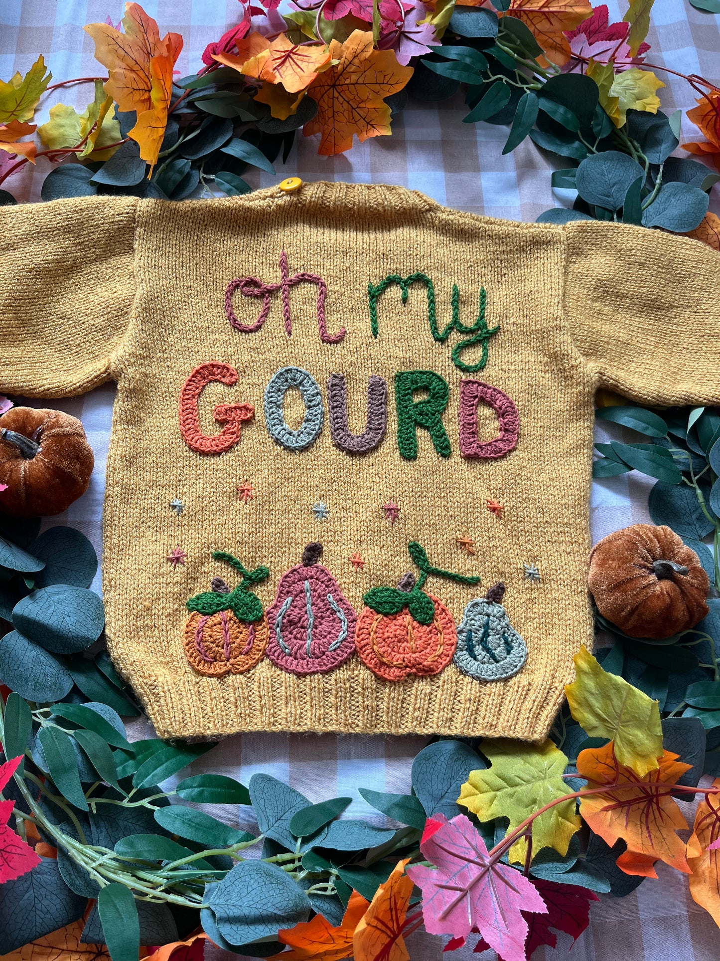 Size 3-5 Years, Oh my Gourd, Mustard Hand Knitted Jumper
