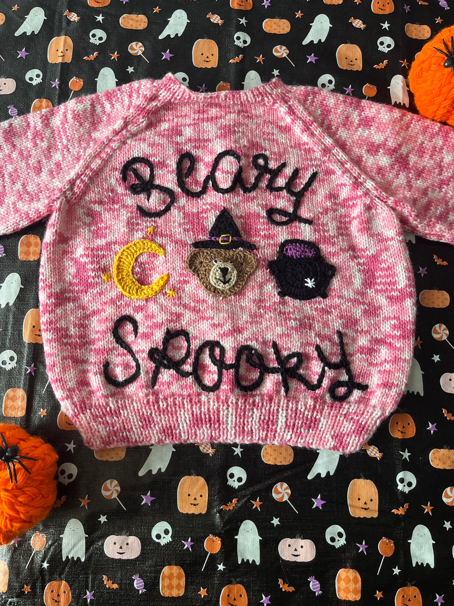 Size 3-4 Years, Beary Spooky, Pink Hand Knitted Cardi