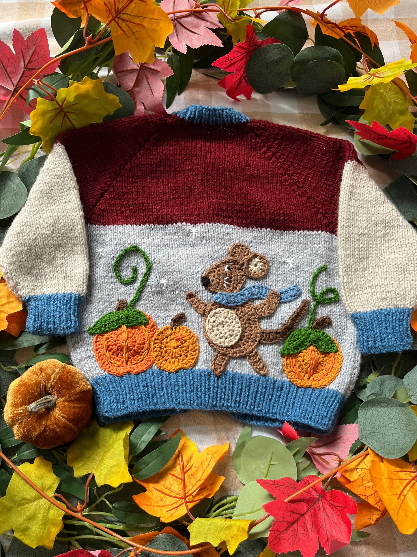 Size 1-2 Years, Field Mouse with Pumpkins, Burgundy, Beige and Grey