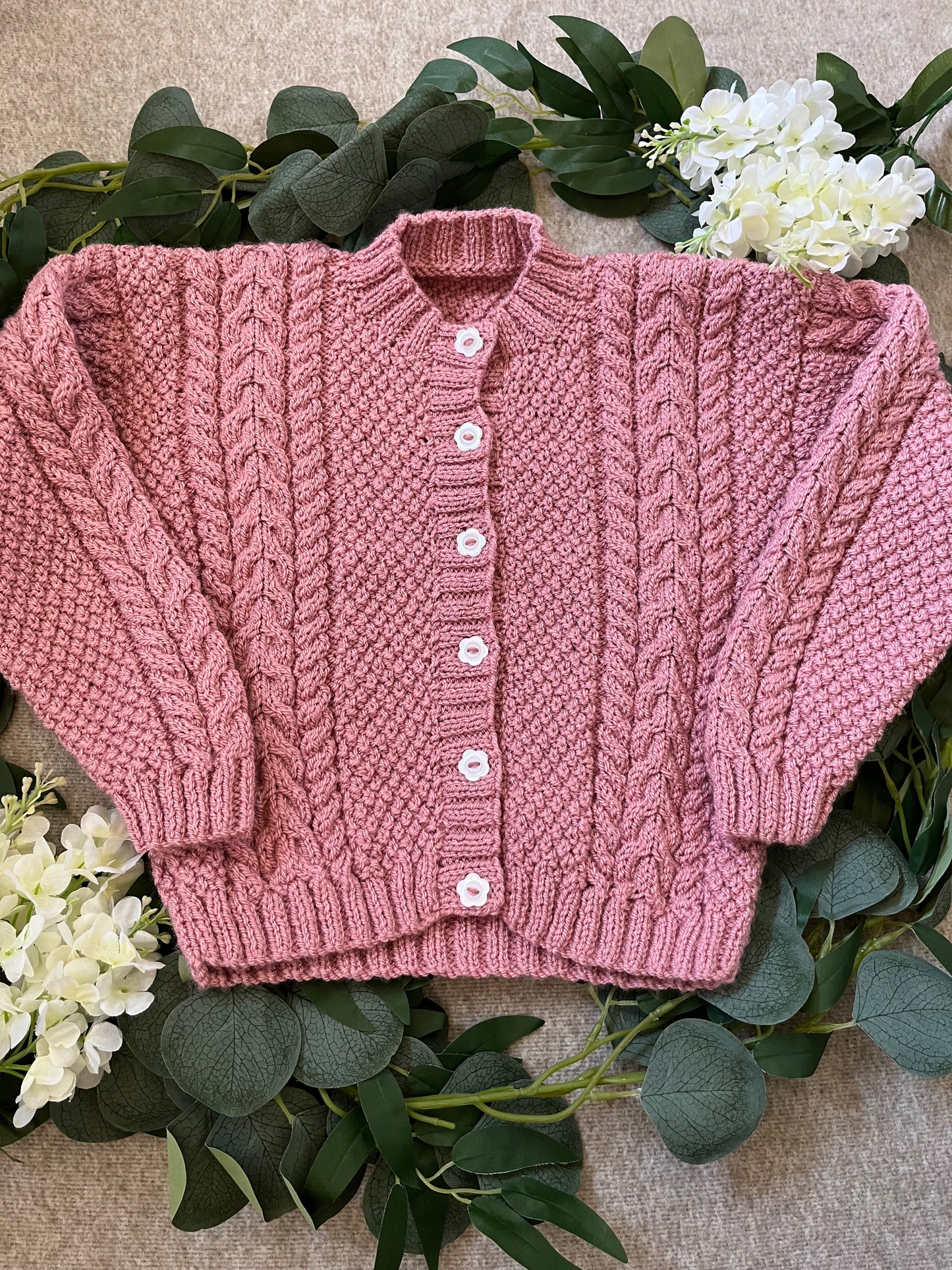 Size 3-5 Years, Strawberry Picking, Pink Hand Knitted Cardigan