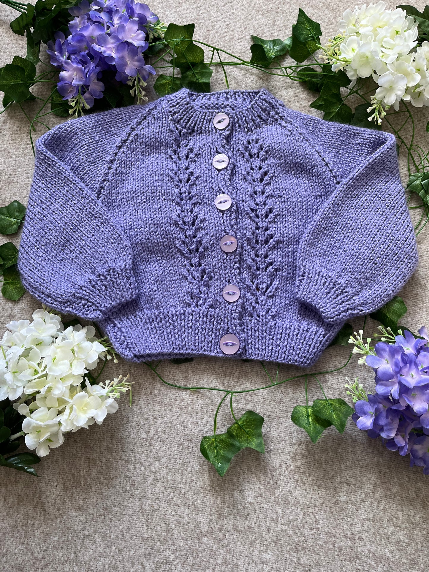 Size 6-12 Months, 3 Jars, Honey, Marmalade, Jam, Purple Hand Knitted Cardigan