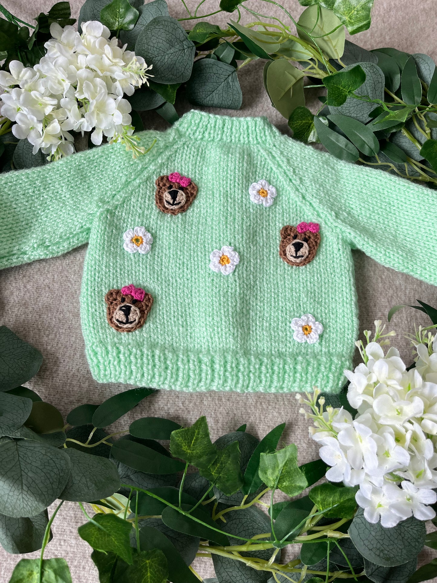 Size 0-3 Months, Bear & Daisy Cardigan, Mint Green Hand Knitted