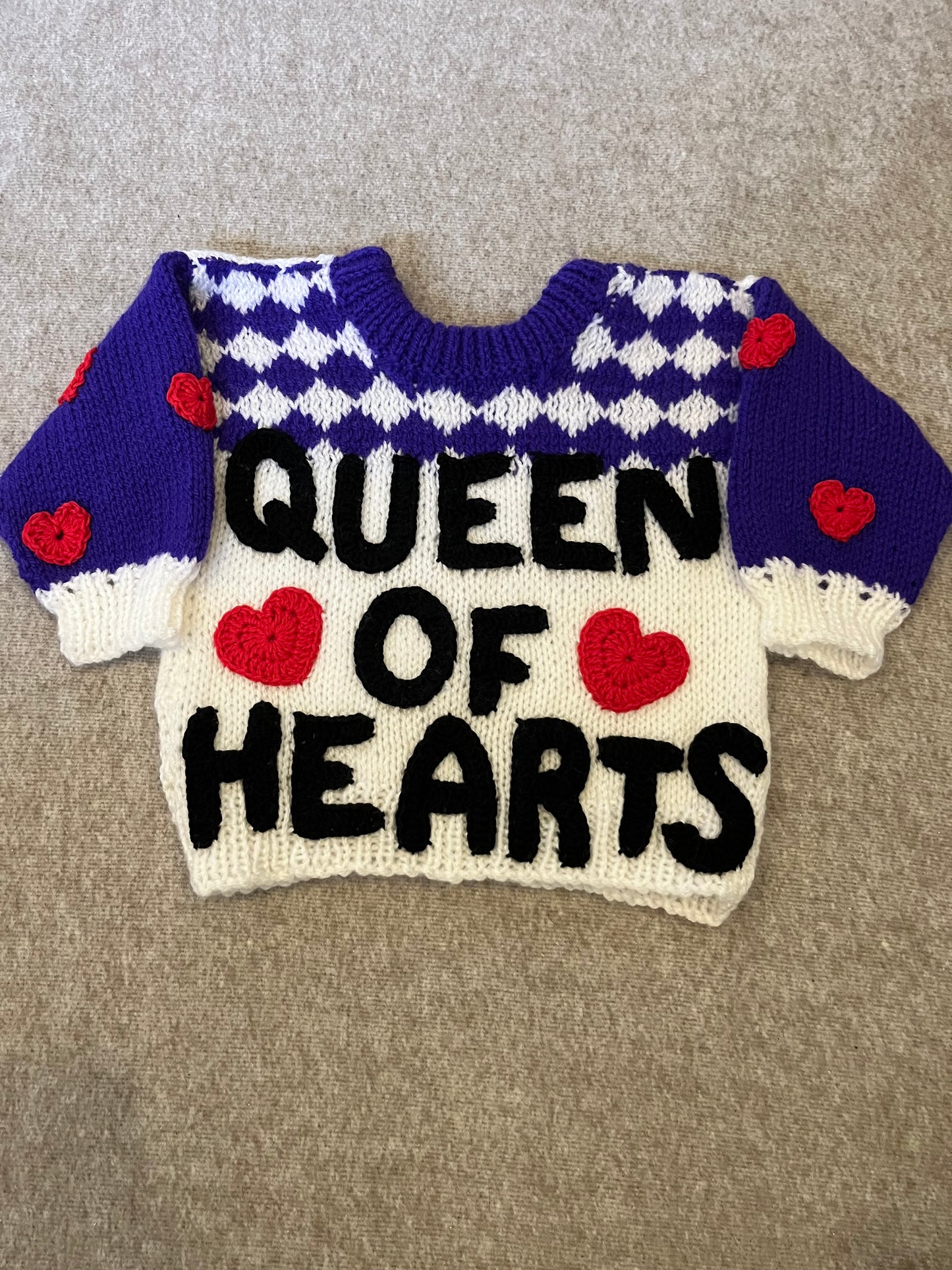 Size 12 Months, Queen of Hearts, Baby Jumper, Love Hearts, Hand knitted Baby Sweater