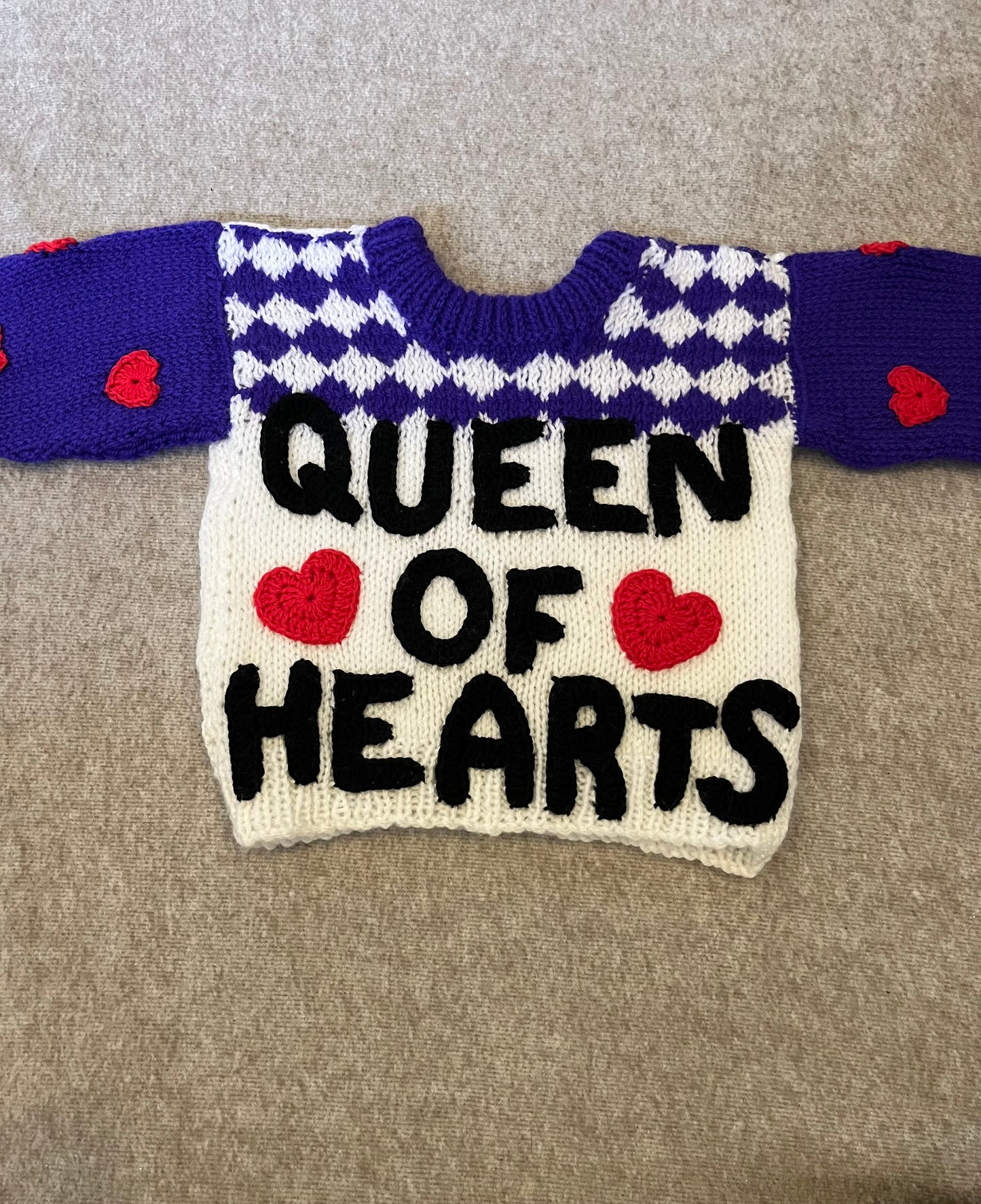 Size 12 Months, Queen of Hearts, Baby Jumper, Love Hearts, Hand knitted Baby Sweater