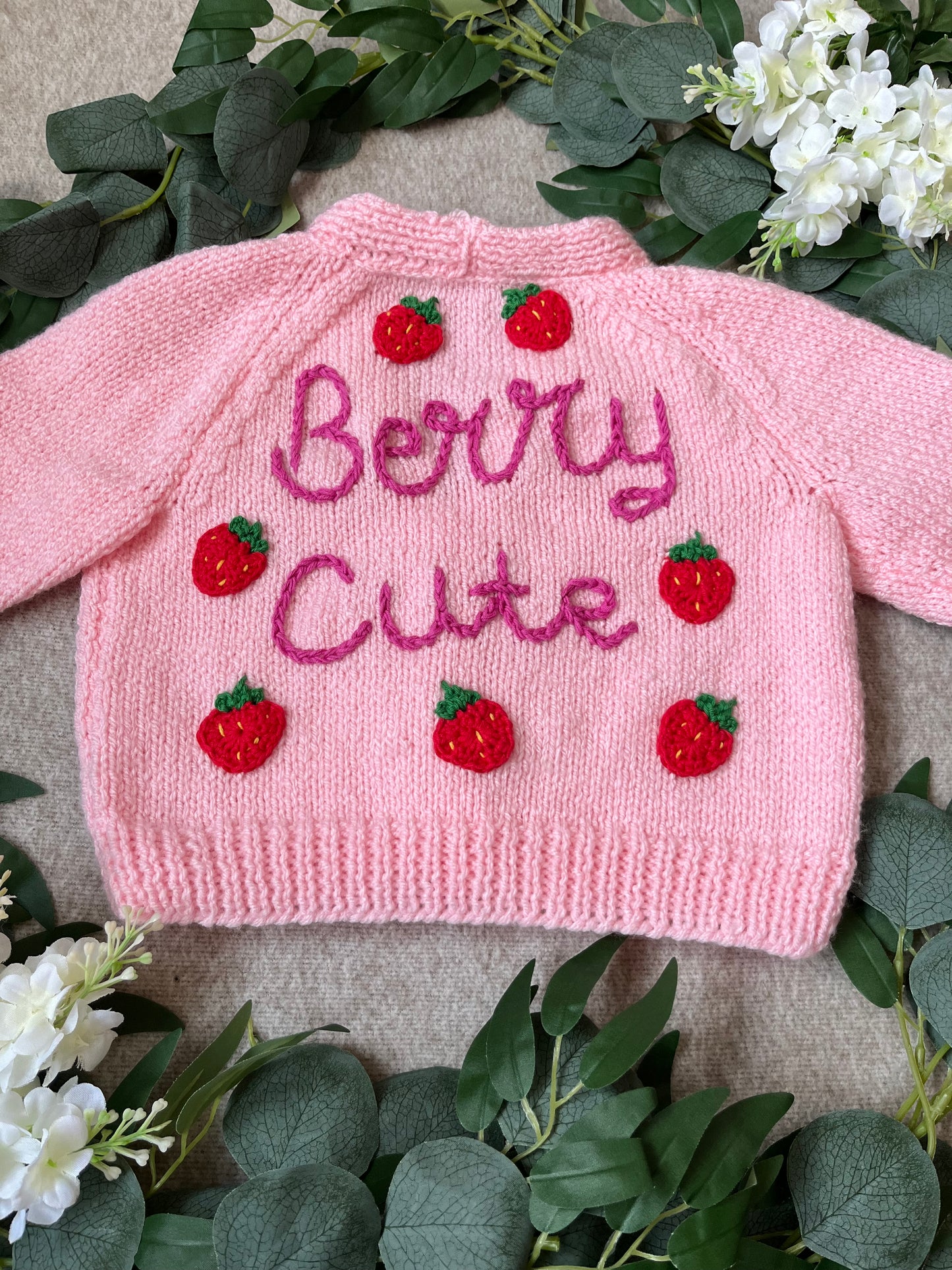 Size 12-18 Months, Berry Cute, Pink Hand Knitted Cardigan