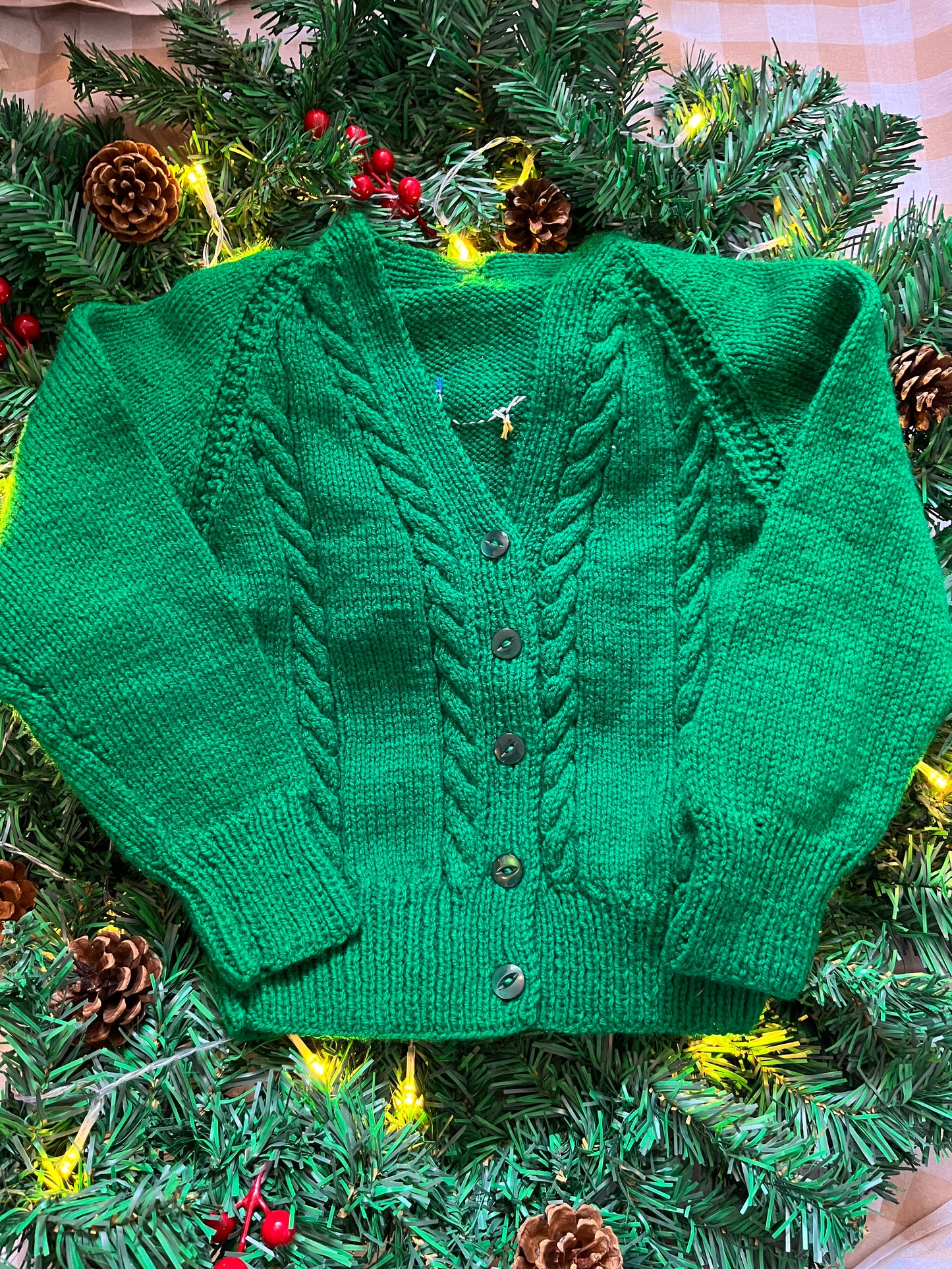 Personalise Me, Size 5-7 Years, Name Cardigan, Green Christmas Lights Cardi