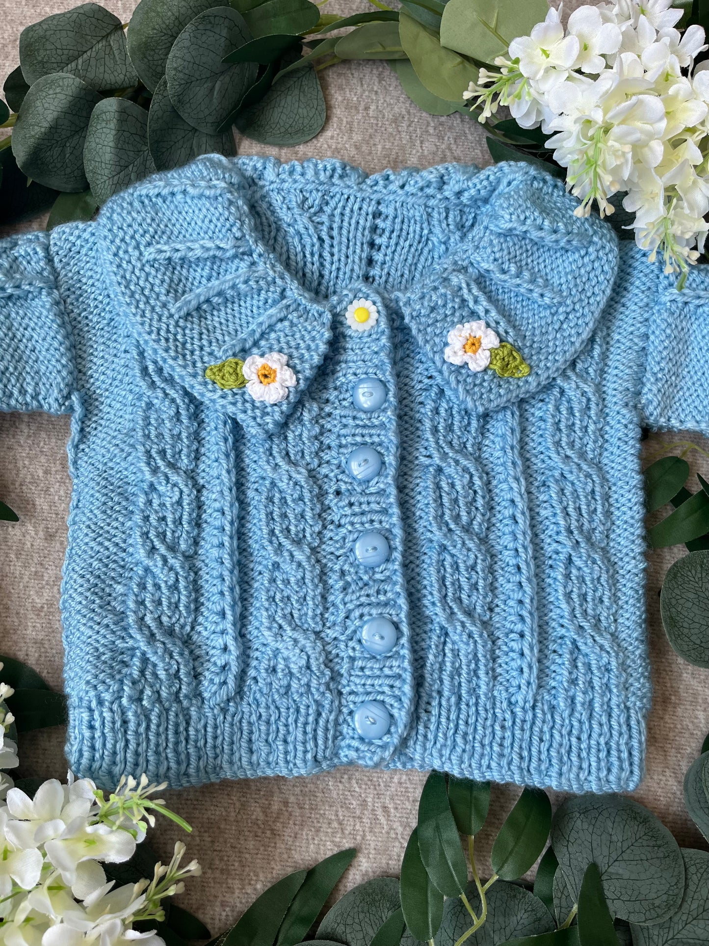 Size 6-12 Months, Daisy Chain, Baby Blue Hand Knitted Collar Cardigan