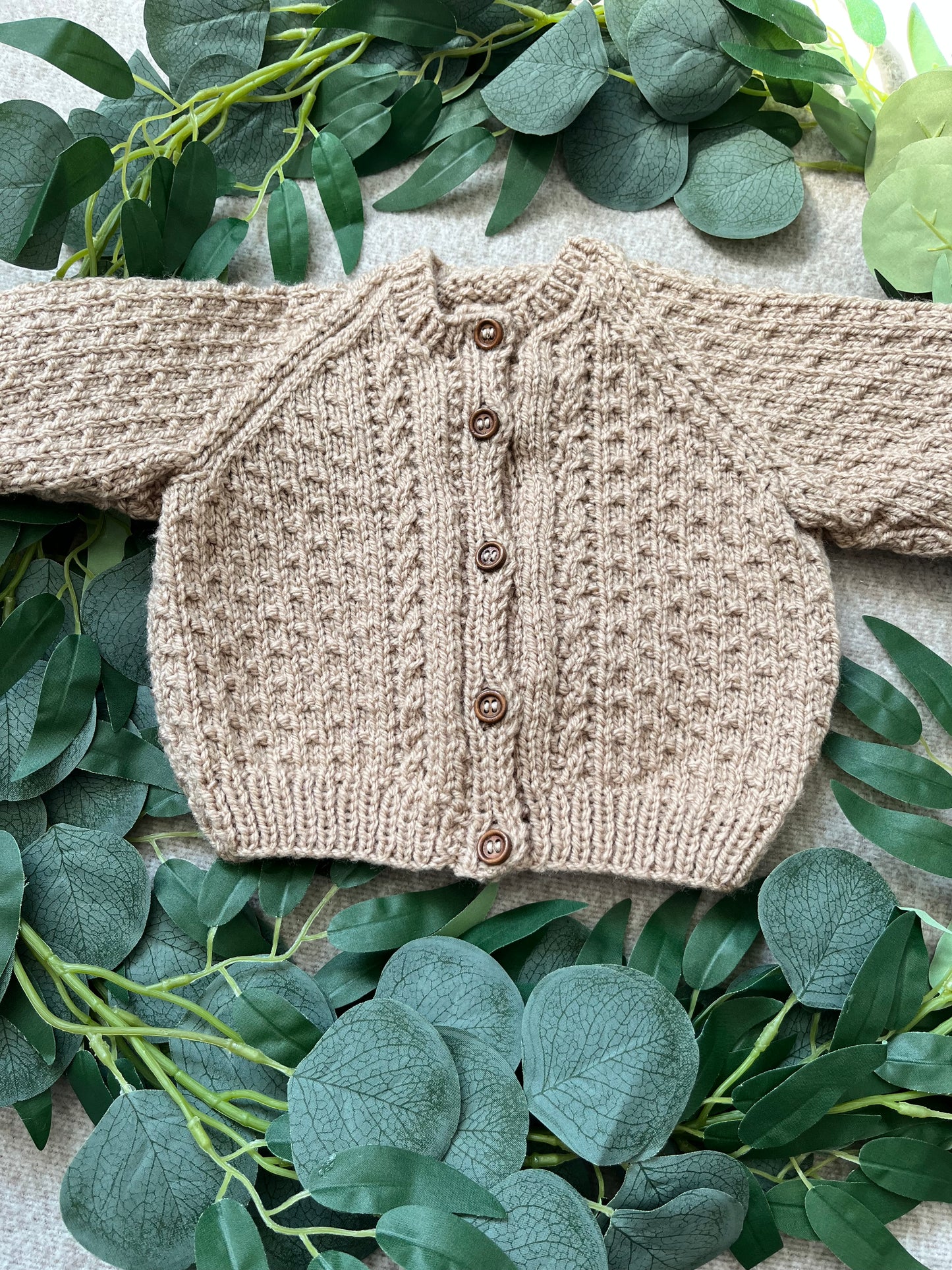 Personalise Me, Size 0-3 Months, Neutral Brown Baby Cardigan, Hand Knitted, Bear Design