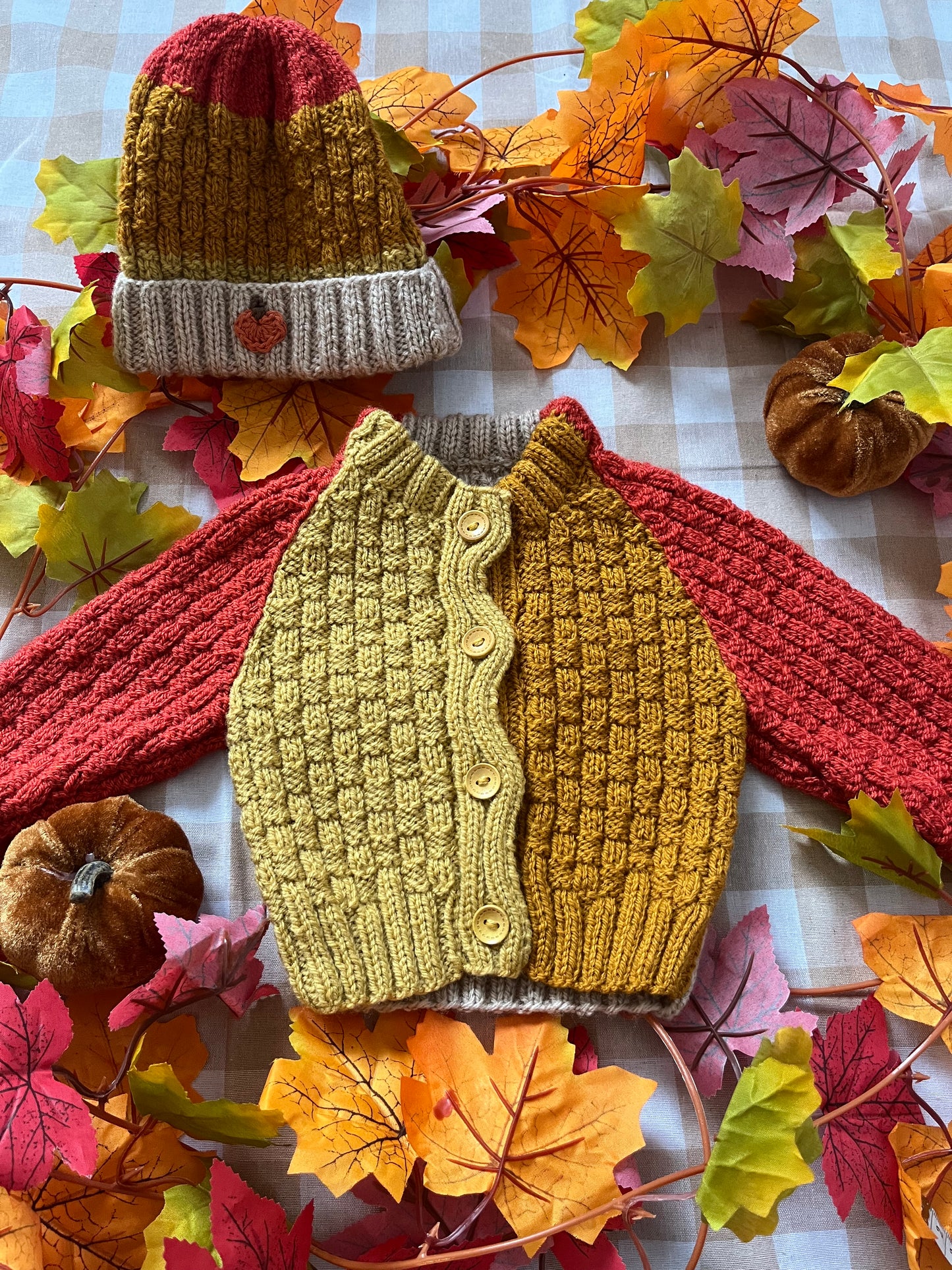 Size 0-3 Months, Mini Pumpkin Cardi & Hat Set, Autumnal Colour Block