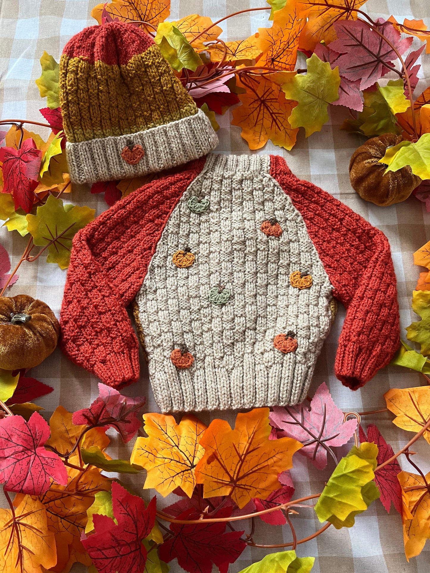 Size 0-3 Months, Mini Pumpkin Cardi & Hat Set, Autumnal Colour Block