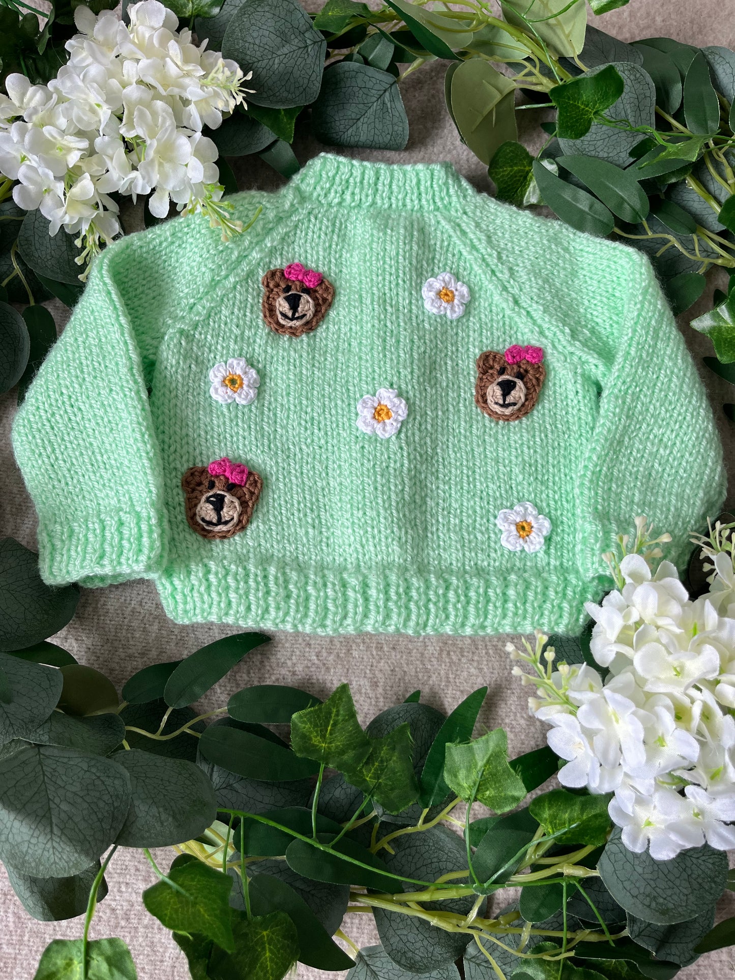 Size 0-3 Months, Bear & Daisy Cardigan, Mint Green Hand Knitted