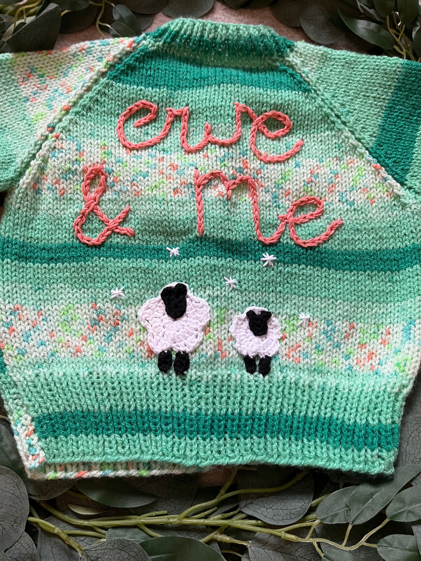 Size 1-2 Years, Ewe & Me, Sheep Cardigan, Green Fleck Hand Knitted Cardigan