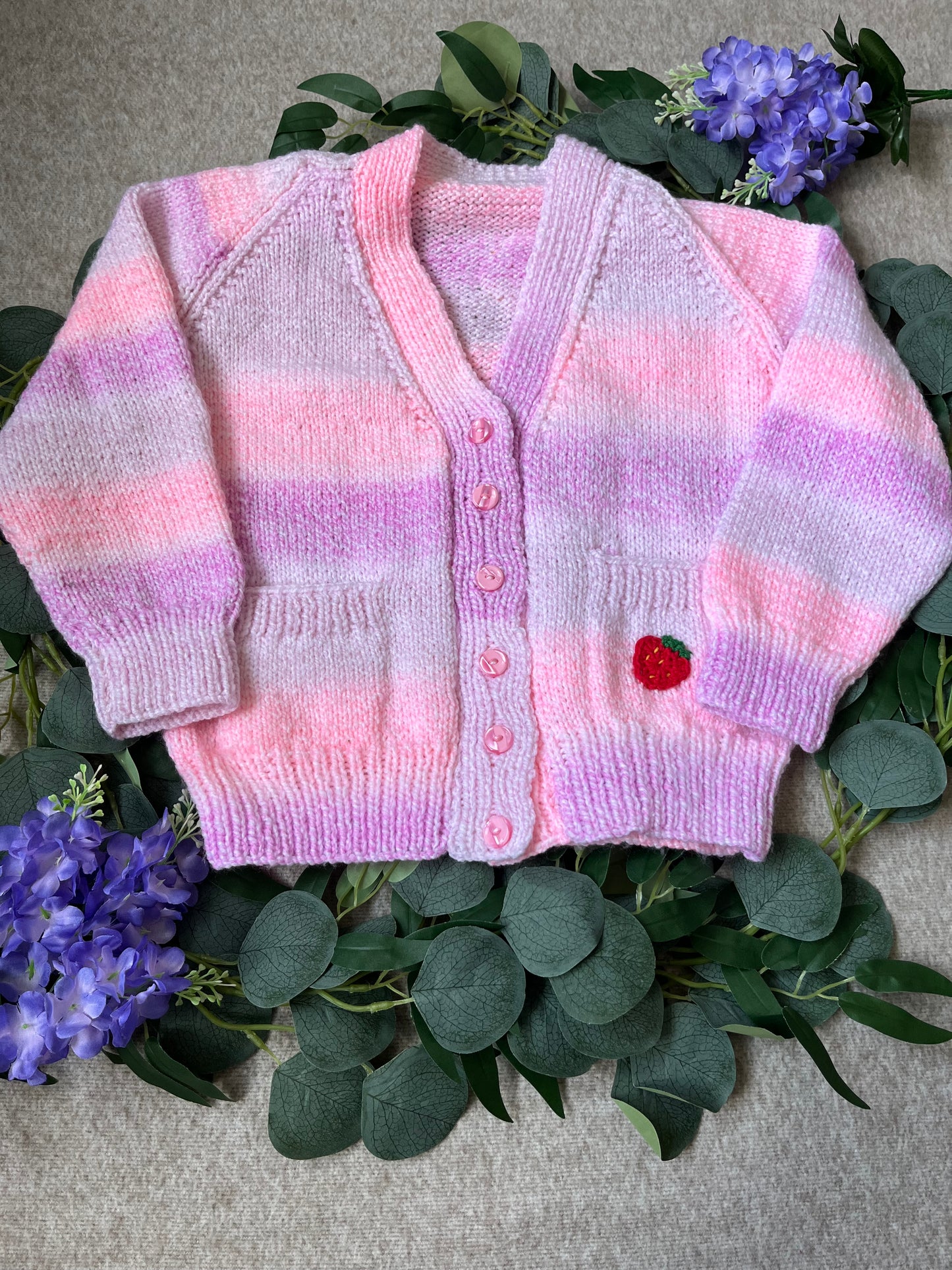 Size 4-6 Years, Personalise Me, Name Cardigan, Ombre Pink/ Purple/ White Hand Knitted