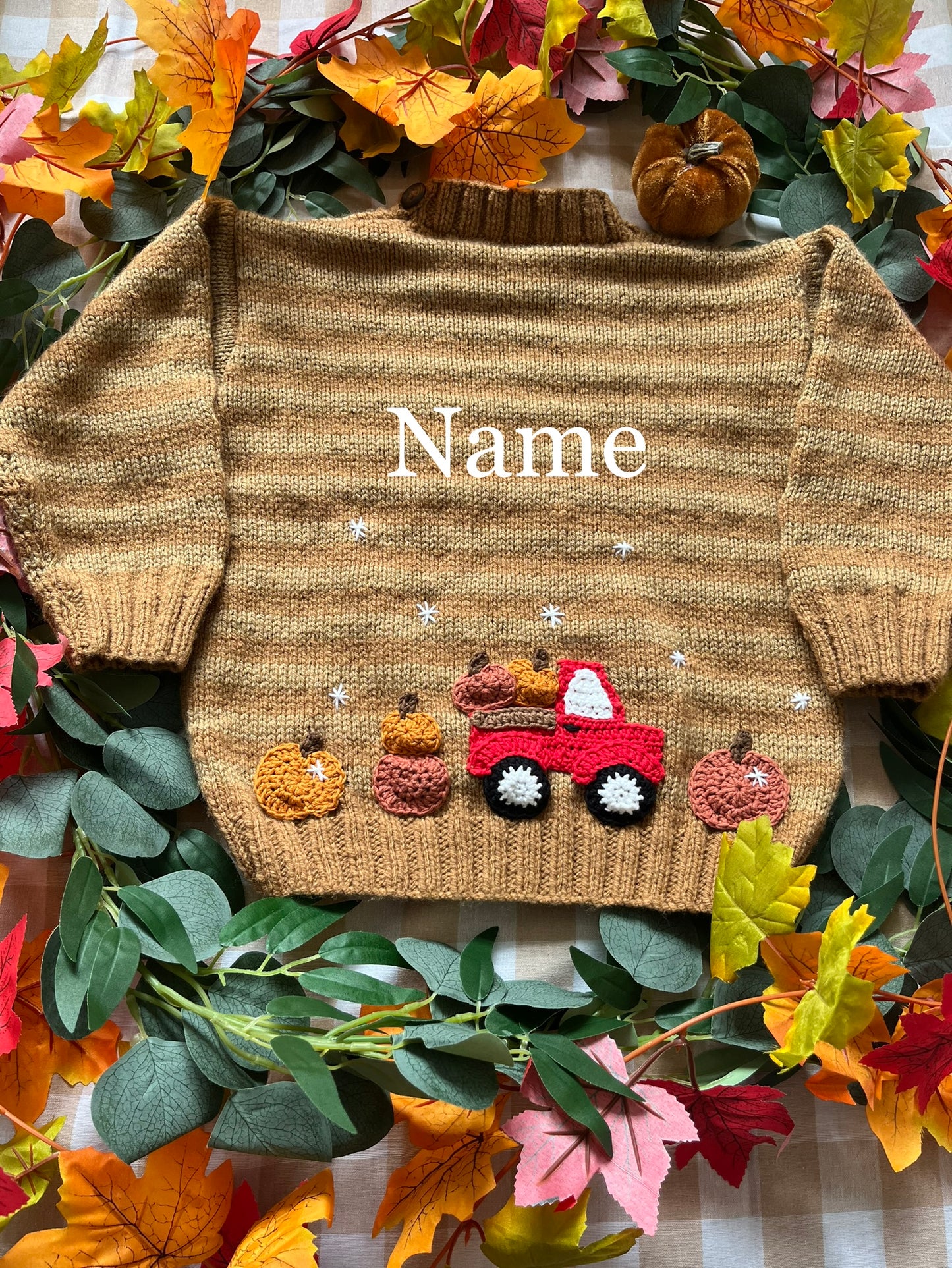 Personalise Me, Size 3-5 Years, Name Cardigan, Brown Stripe, Red Pumpkin truck & Pumpkins