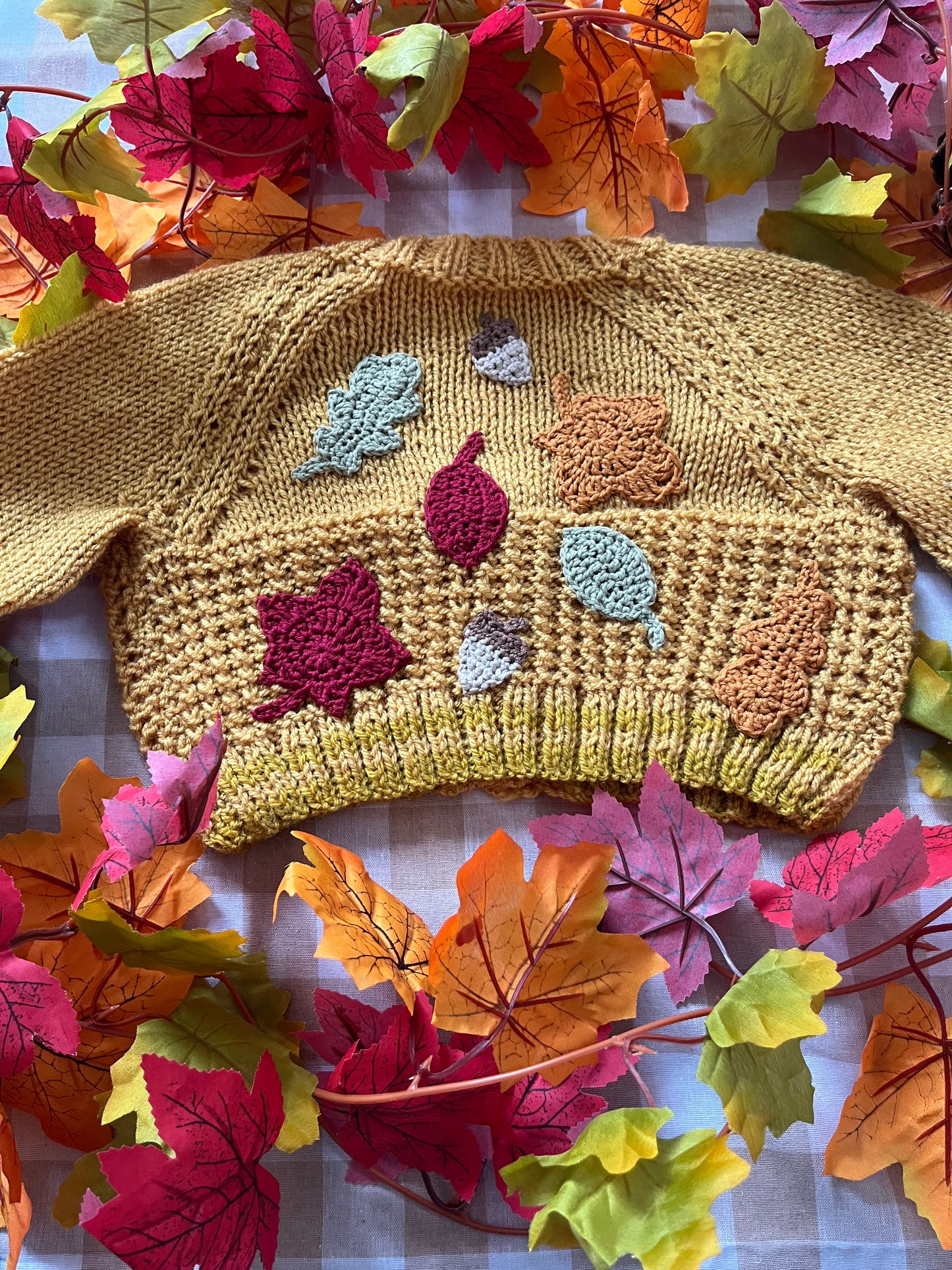 Size 1-2 Years, Autumn Leaves, Cropped Style Cardi, Mustard with Trim