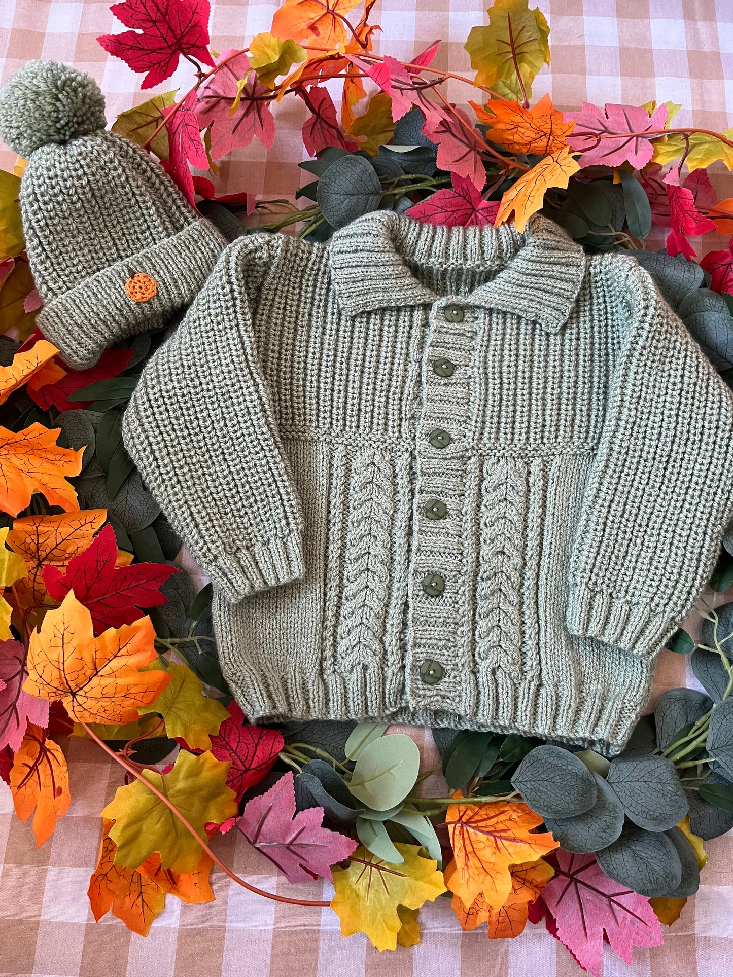 Size 2-4 years, Pumpkin Patch Cardi & Hat, Sage Green Hand Knitted Cardigan