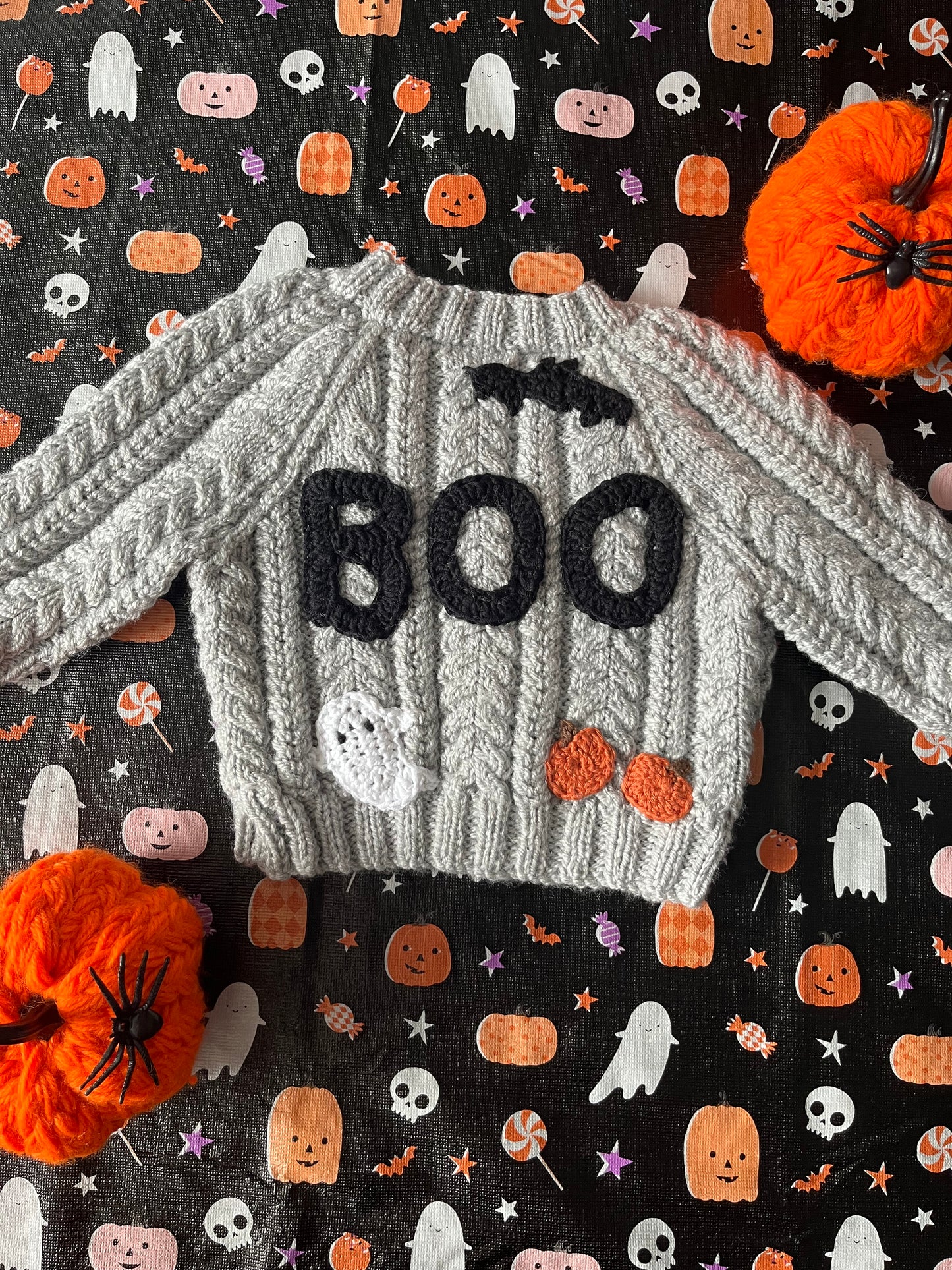 Size 0-3 Months, Boo Cardigan, Halloween Baby Cardigan, Grey Hand knitted