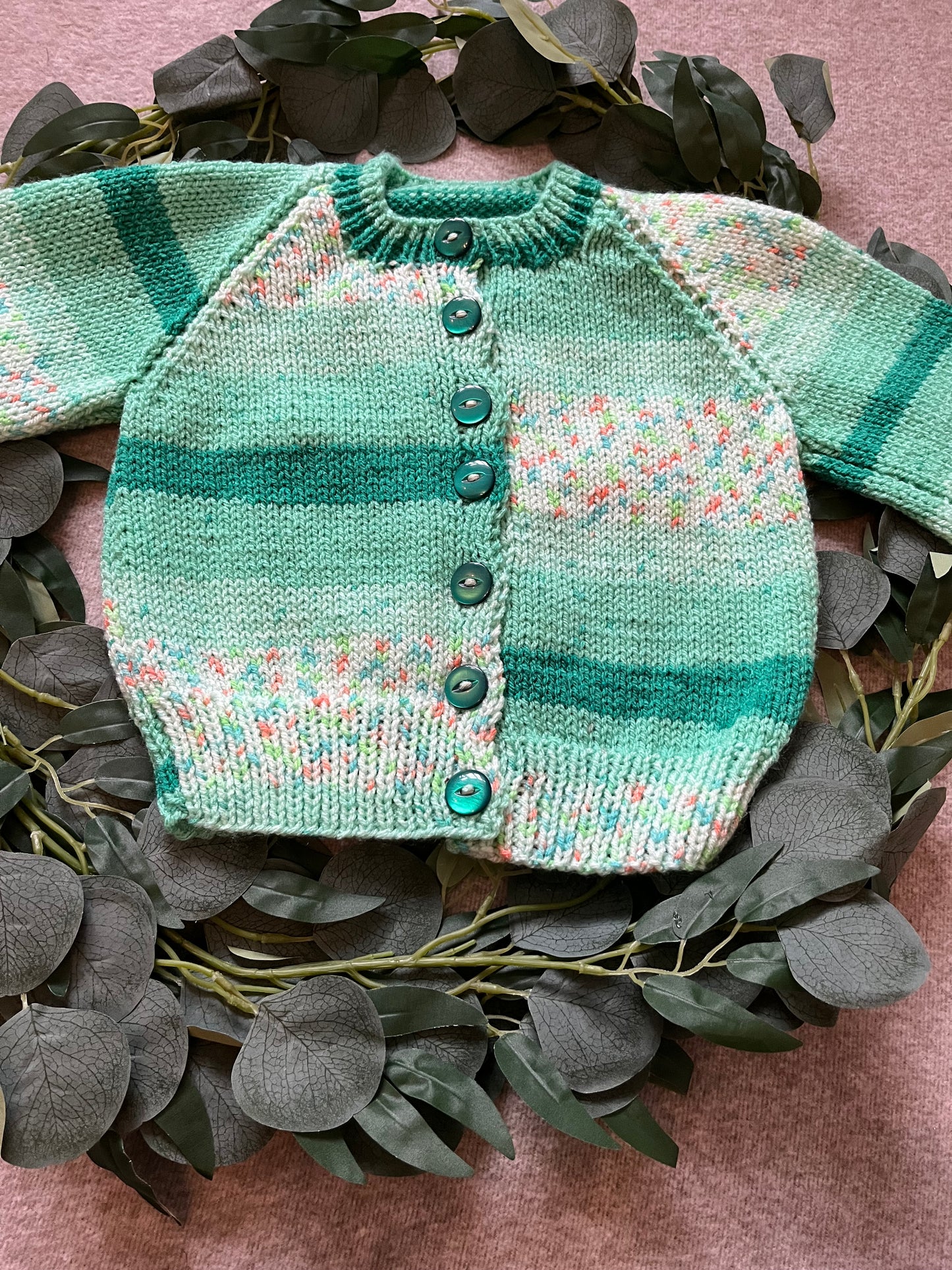 Size 1-2 Years, Ewe & Me, Sheep Cardigan, Green Fleck Hand Knitted Cardigan