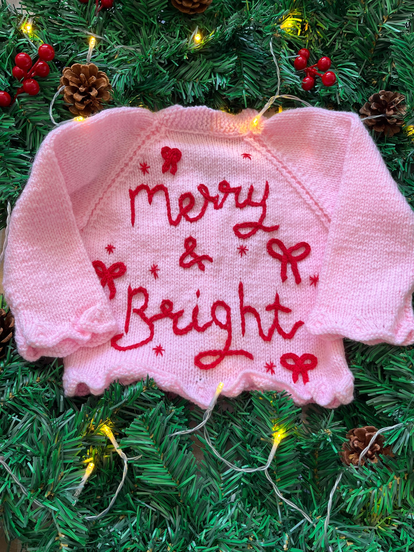 Size 1-2 Years, Merry & Bright, Pink & Red Handknitted Cardi