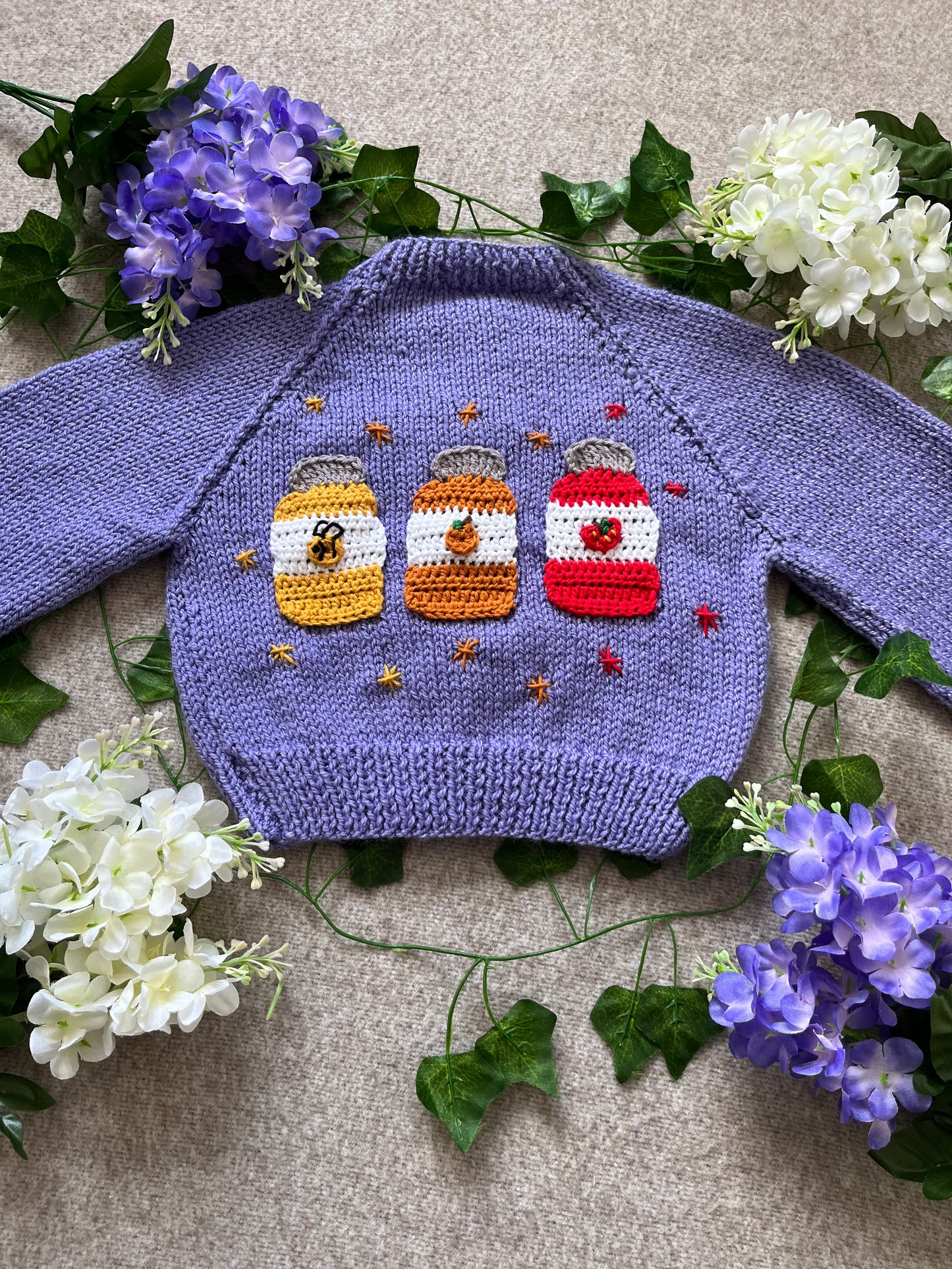 Size 6-12 Months, 3 Jars, Honey, Marmalade, Jam, Purple Hand Knitted Cardigan