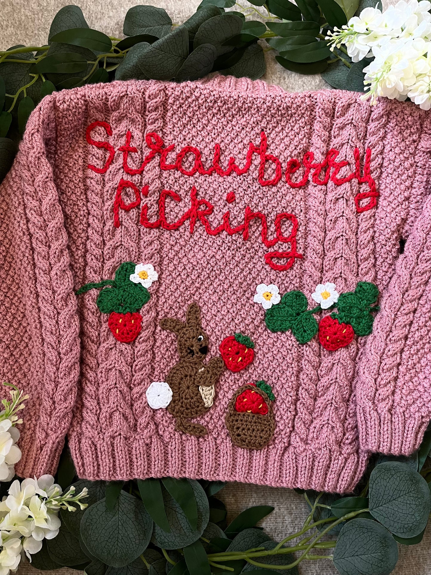 Size 3-5 Years, Strawberry Picking, Pink Hand Knitted Cardigan
