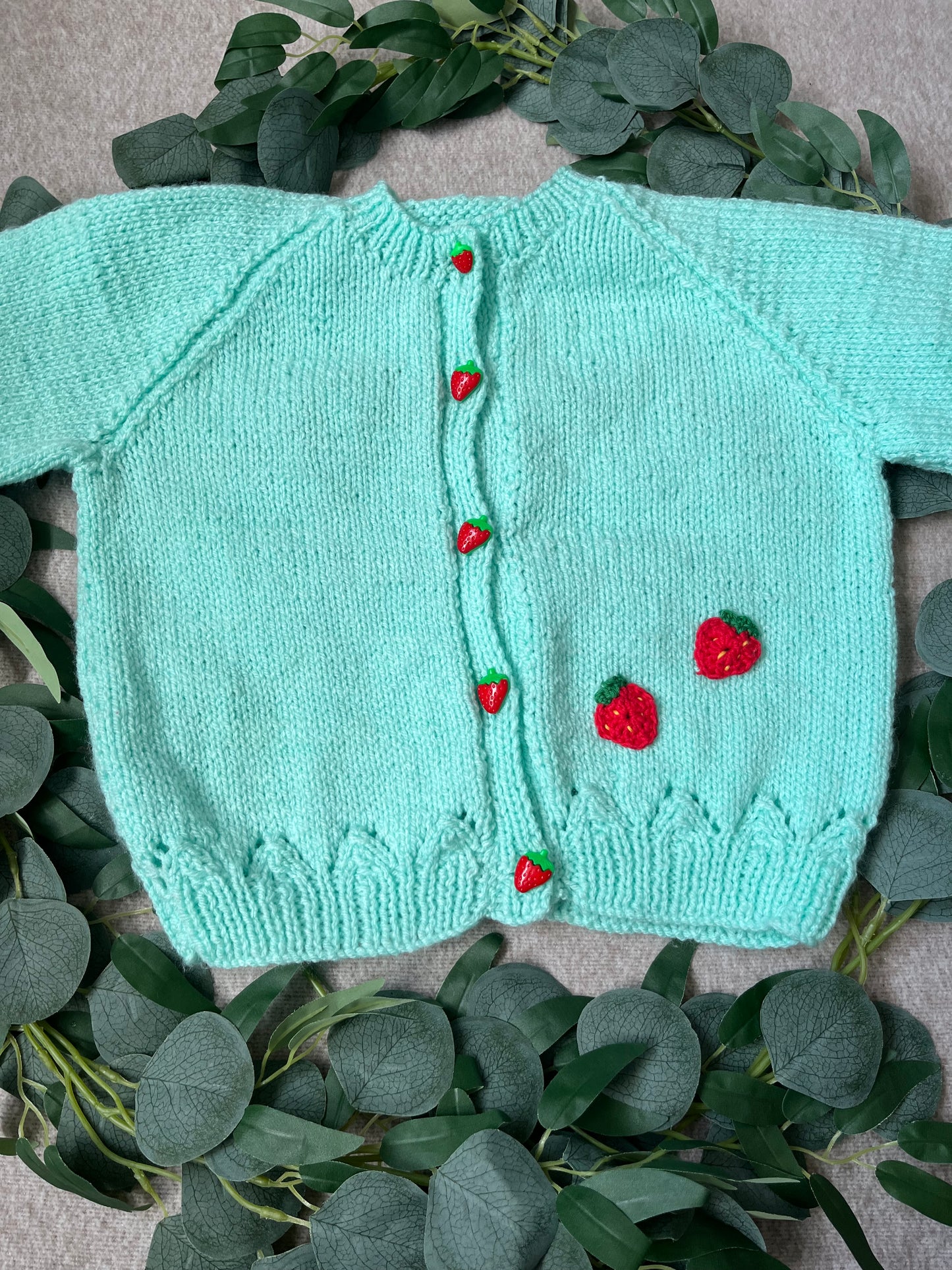 Size 3-5 Years, Berry Cute, Strawberry Buttons, Hand Knitted Cardigan