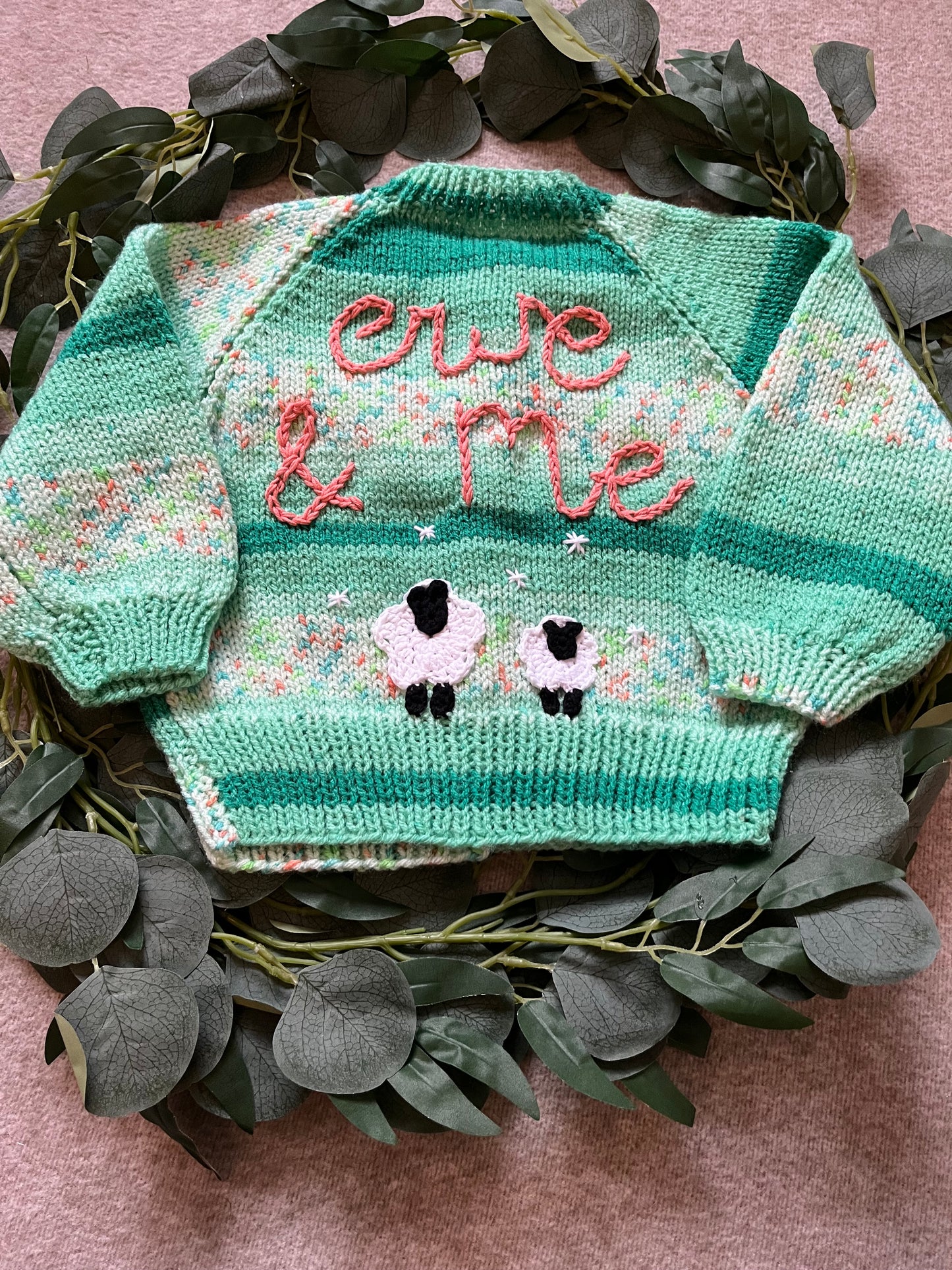 Size 1-2 Years, Ewe & Me, Sheep Cardigan, Green Fleck Hand Knitted Cardigan
