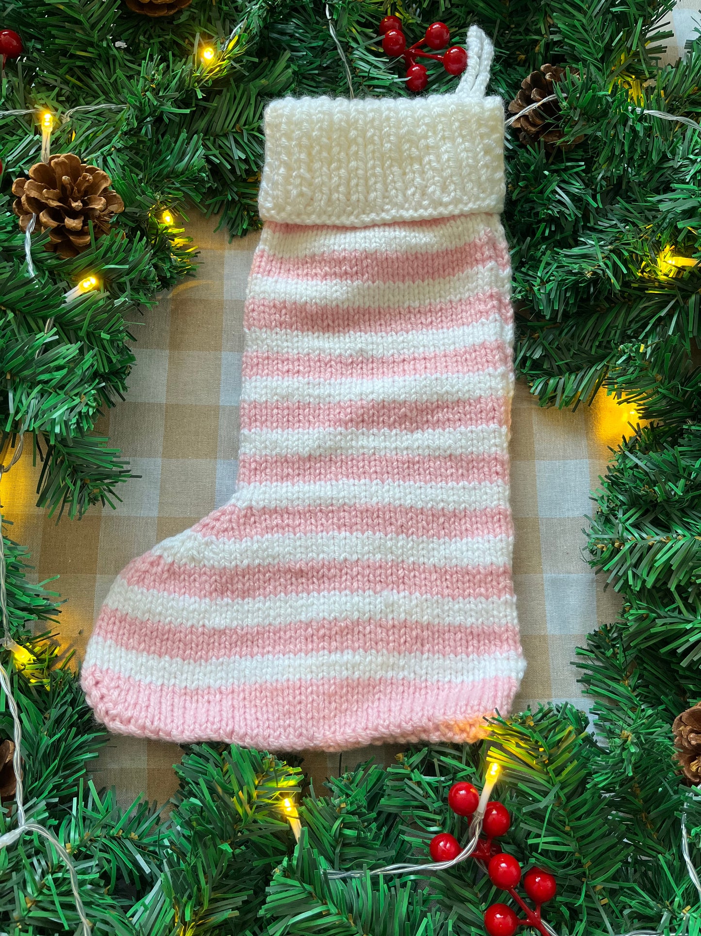 Christmas Stocking, Pink & White Stripe, Bear with a Candy Cane