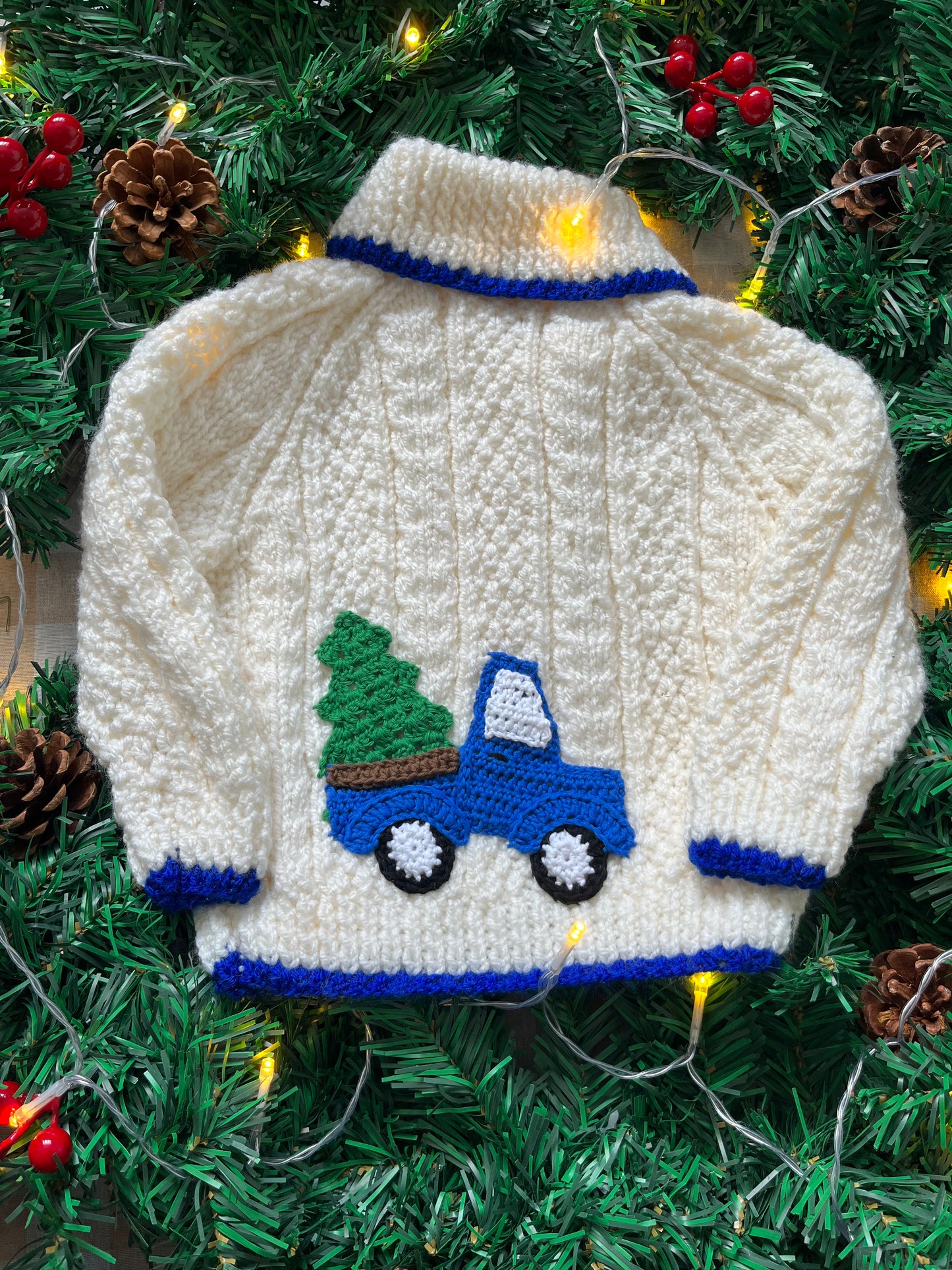 Personalise Me, Size 12-18 Months, Blue Christmas Truck Name Cardi
