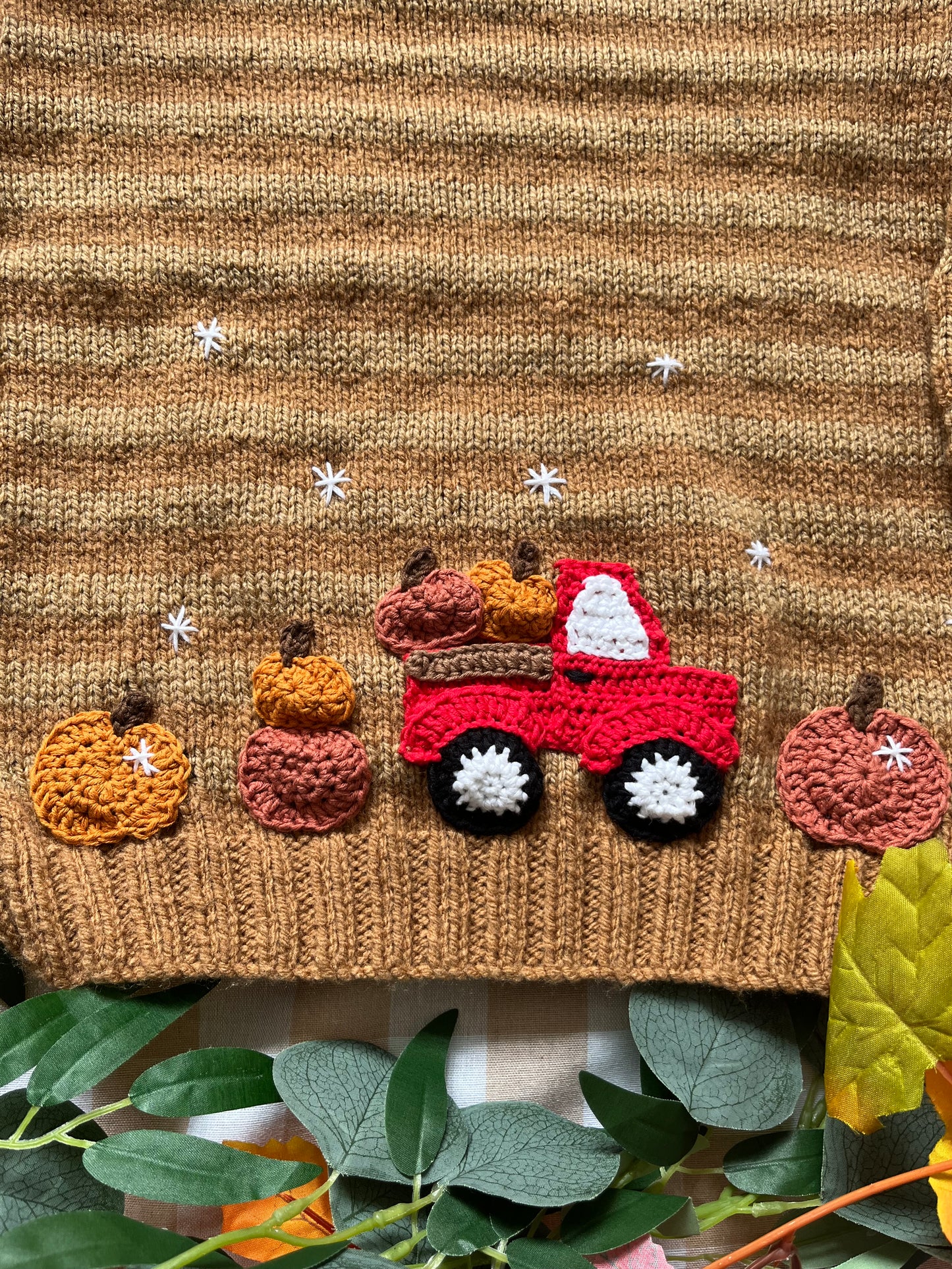 Personalise Me, Size 3-5 Years, Name Cardigan, Brown Stripe, Red Pumpkin truck & Pumpkins