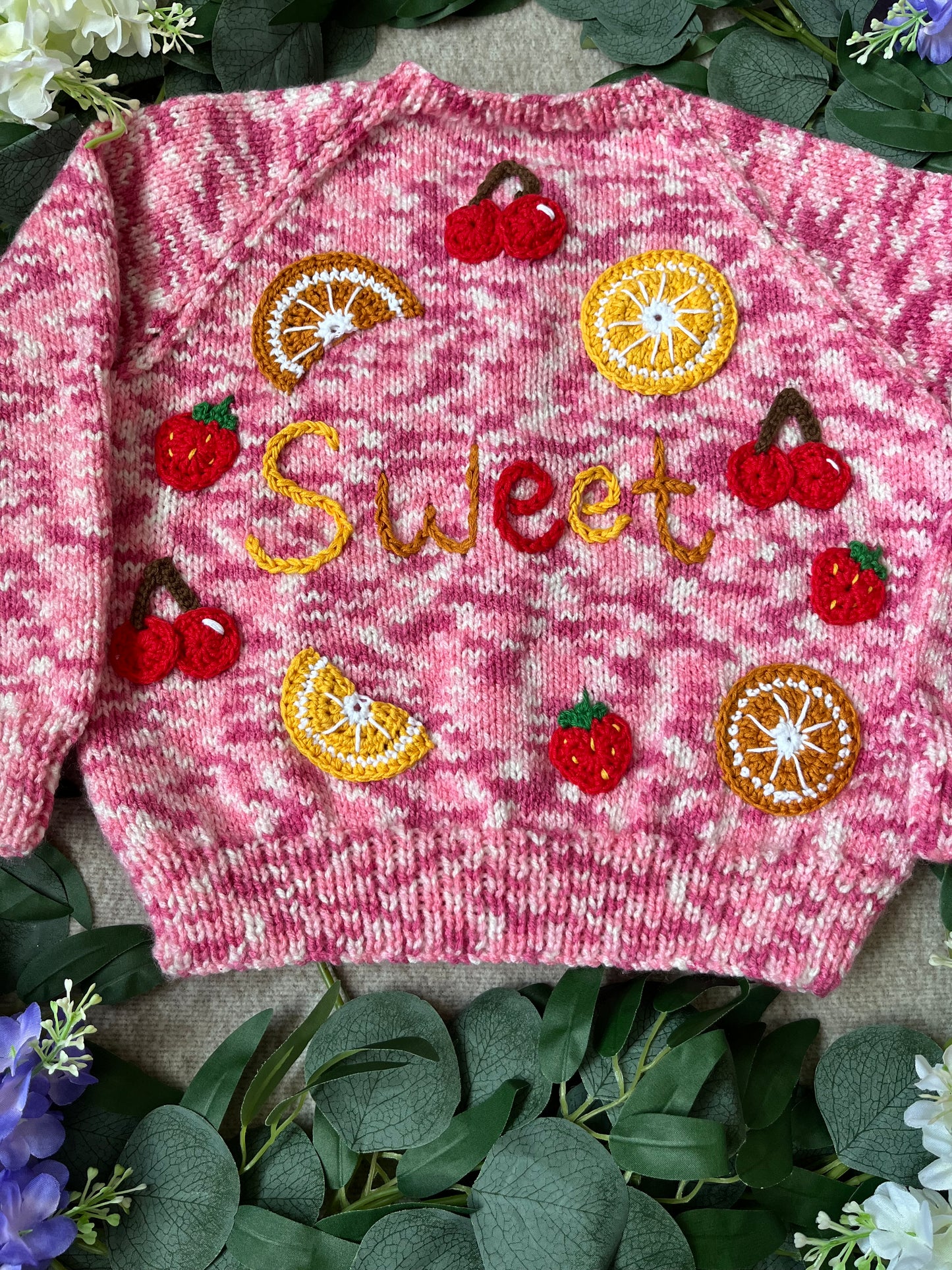 Size 2-3 Years, Sweet, Pink Fruit Hand Knitted Cardigan