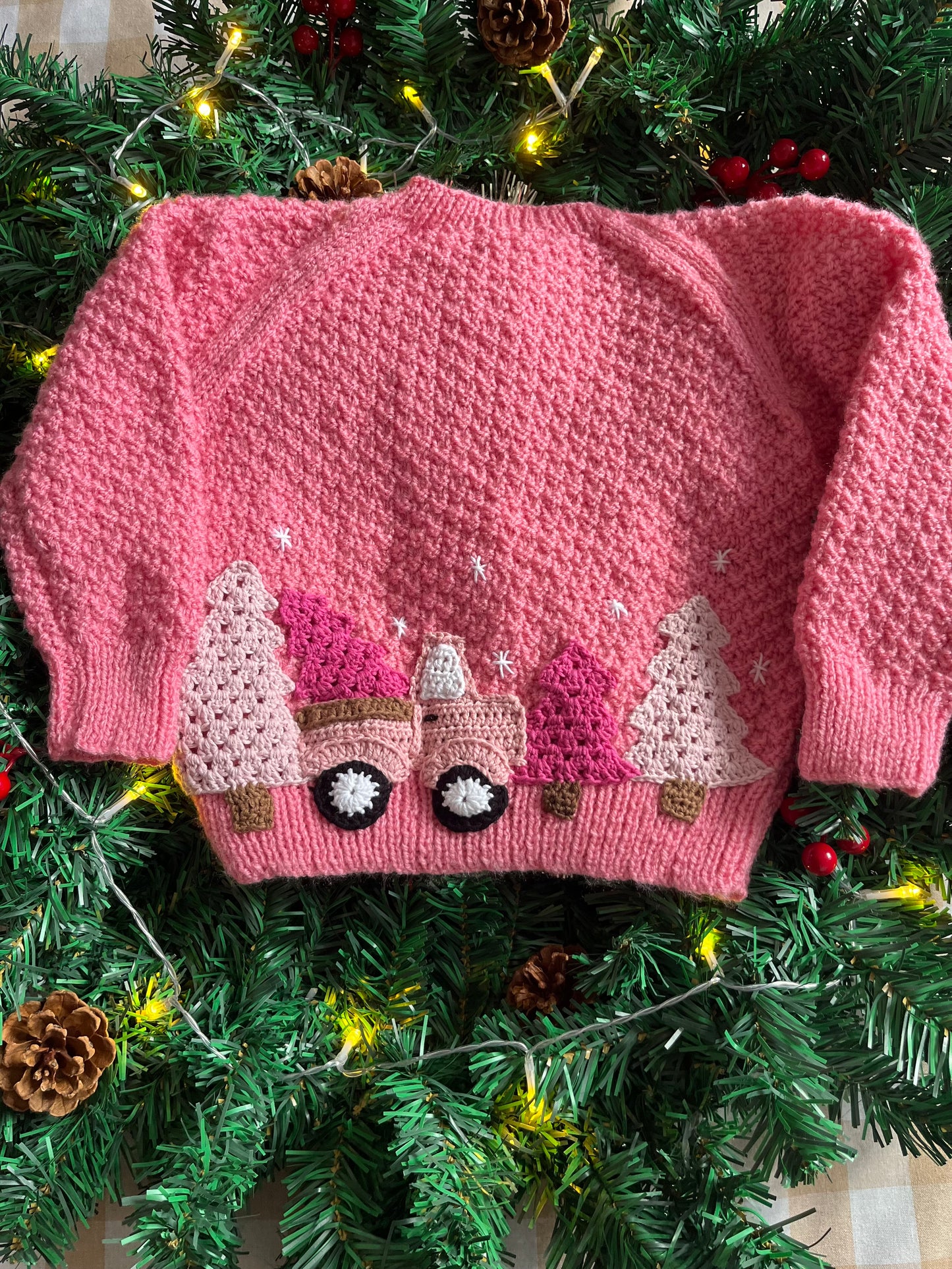 Personalise Me, Size 2-4 Years, Handknitted Pink Christmas Truck & Trees
