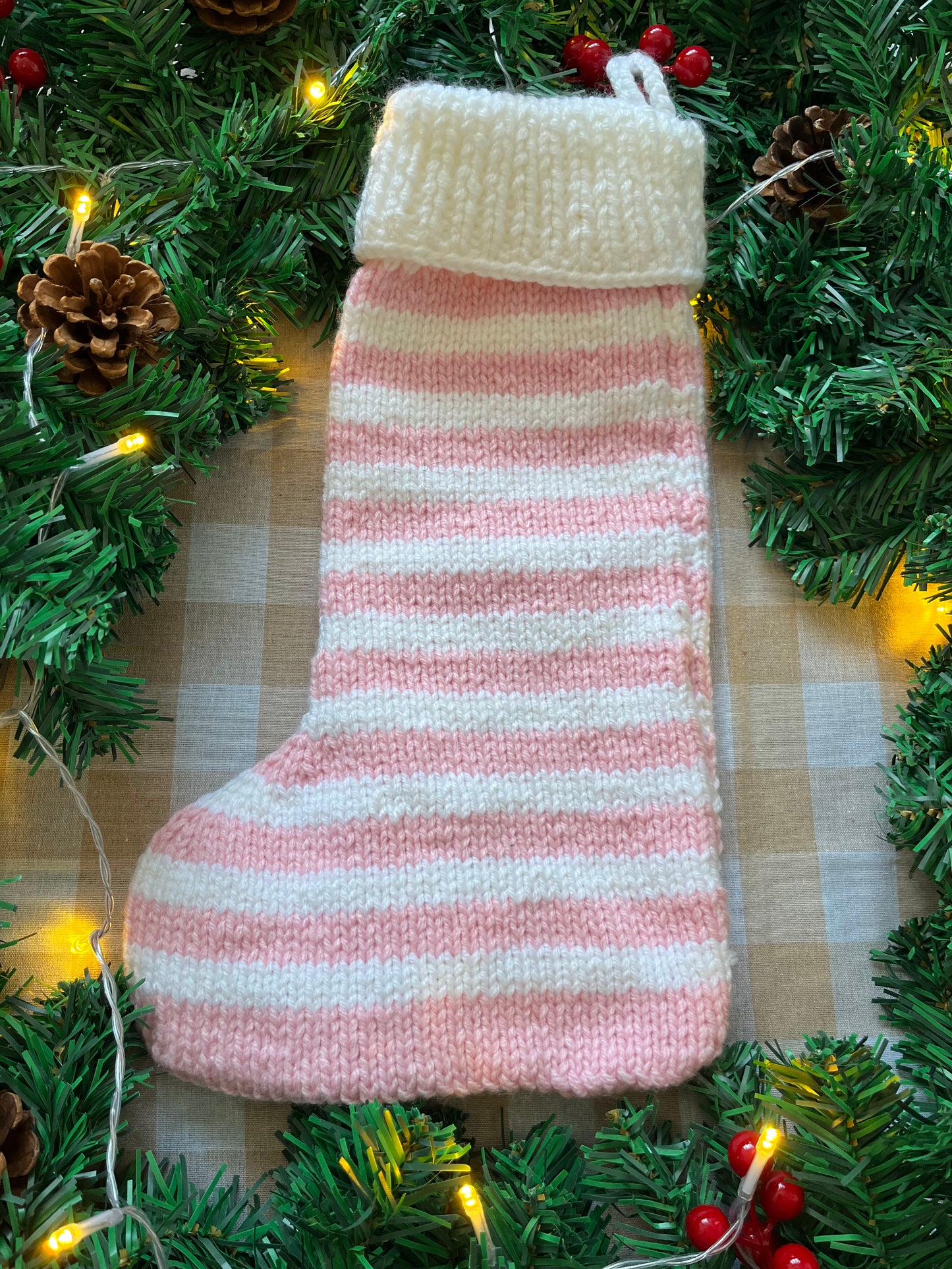 Christmas Stocking, Pink & White Stripe with Pink Christmas Tree Truck