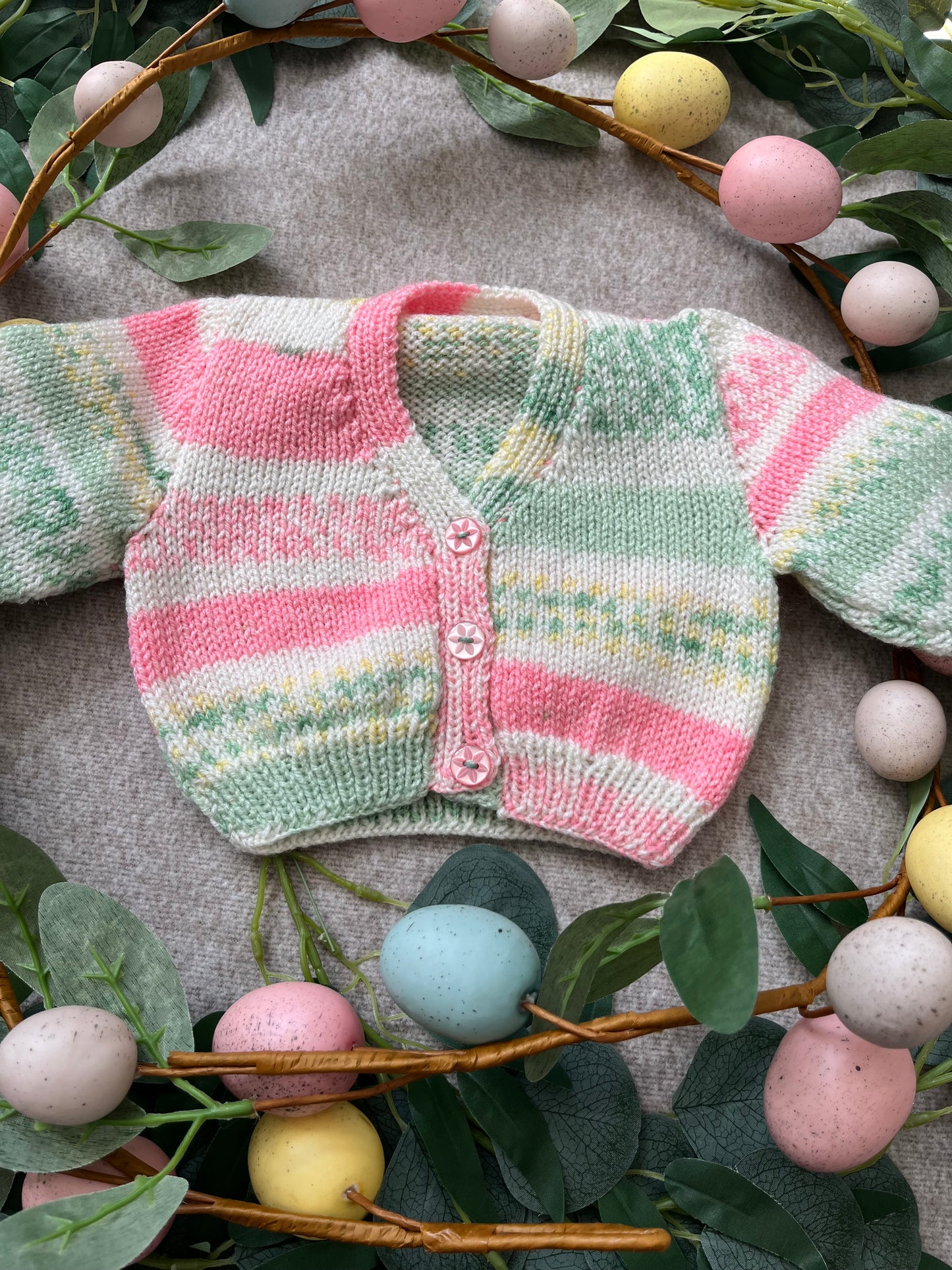 Personalise Me, Size 0-3 Months, Duck & Chicks, Pink & Green Hand knitted Cardigan