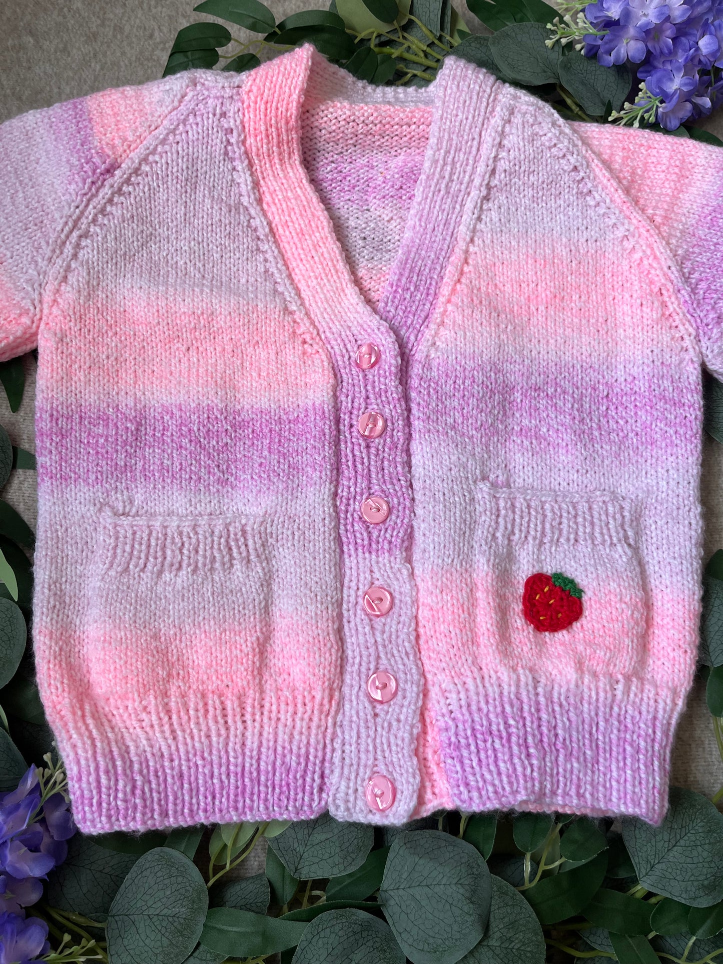 Size 4-6 Years, Personalise Me, Name Cardigan, Ombre Pink/ Purple/ White Hand Knitted