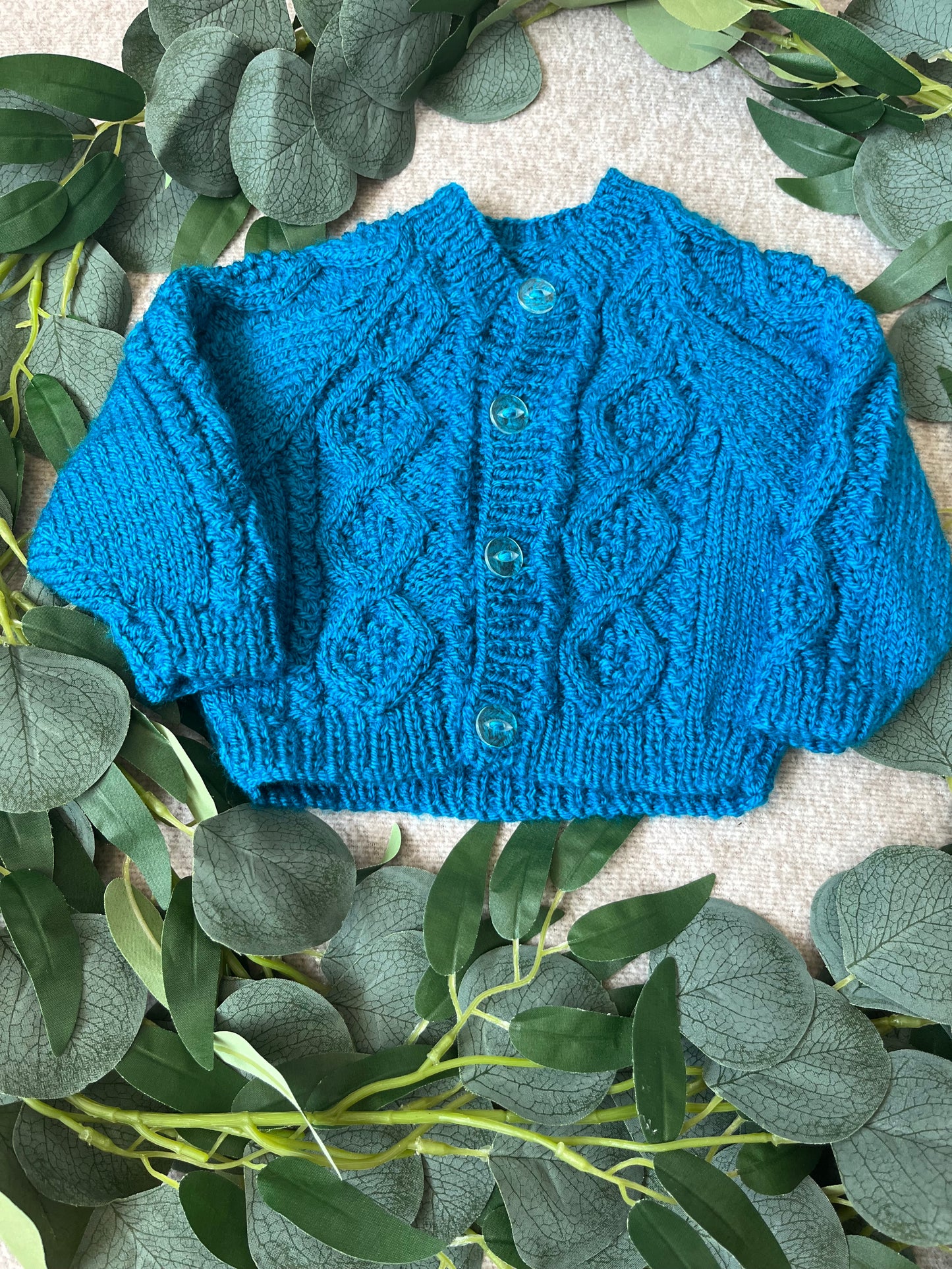 Size 0-3 Months, Lil Bri, Blue Hand Knitted Baby Cardigan