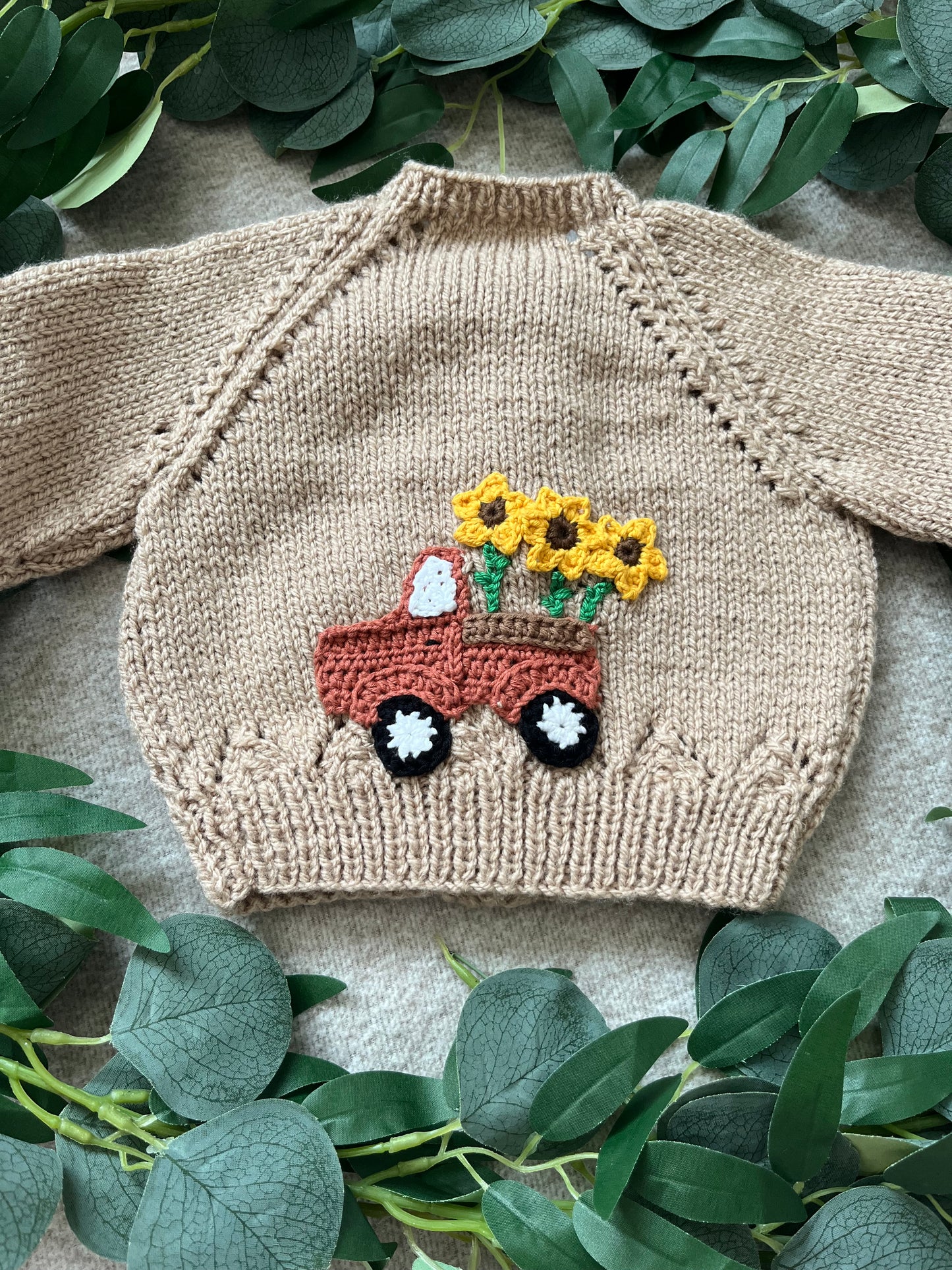 Personalise Me, Size 0-3 Months, Name Cardigan, Light Brown Sunflower Truck Cardi