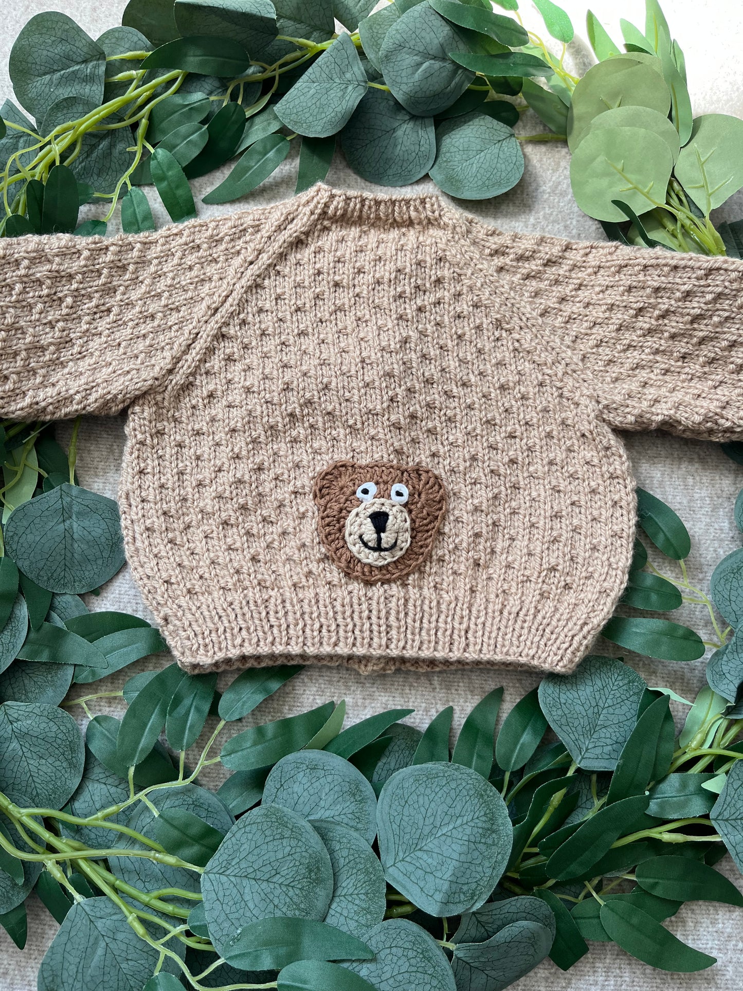 Personalise Me, Size 0-3 Months, Neutral Brown Baby Cardigan, Hand Knitted, Bear Design