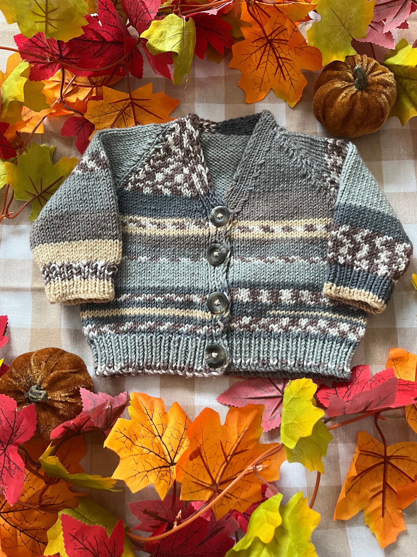 Size 0-6 Months, Grey Stripe Pumpkin Truck Cardigan