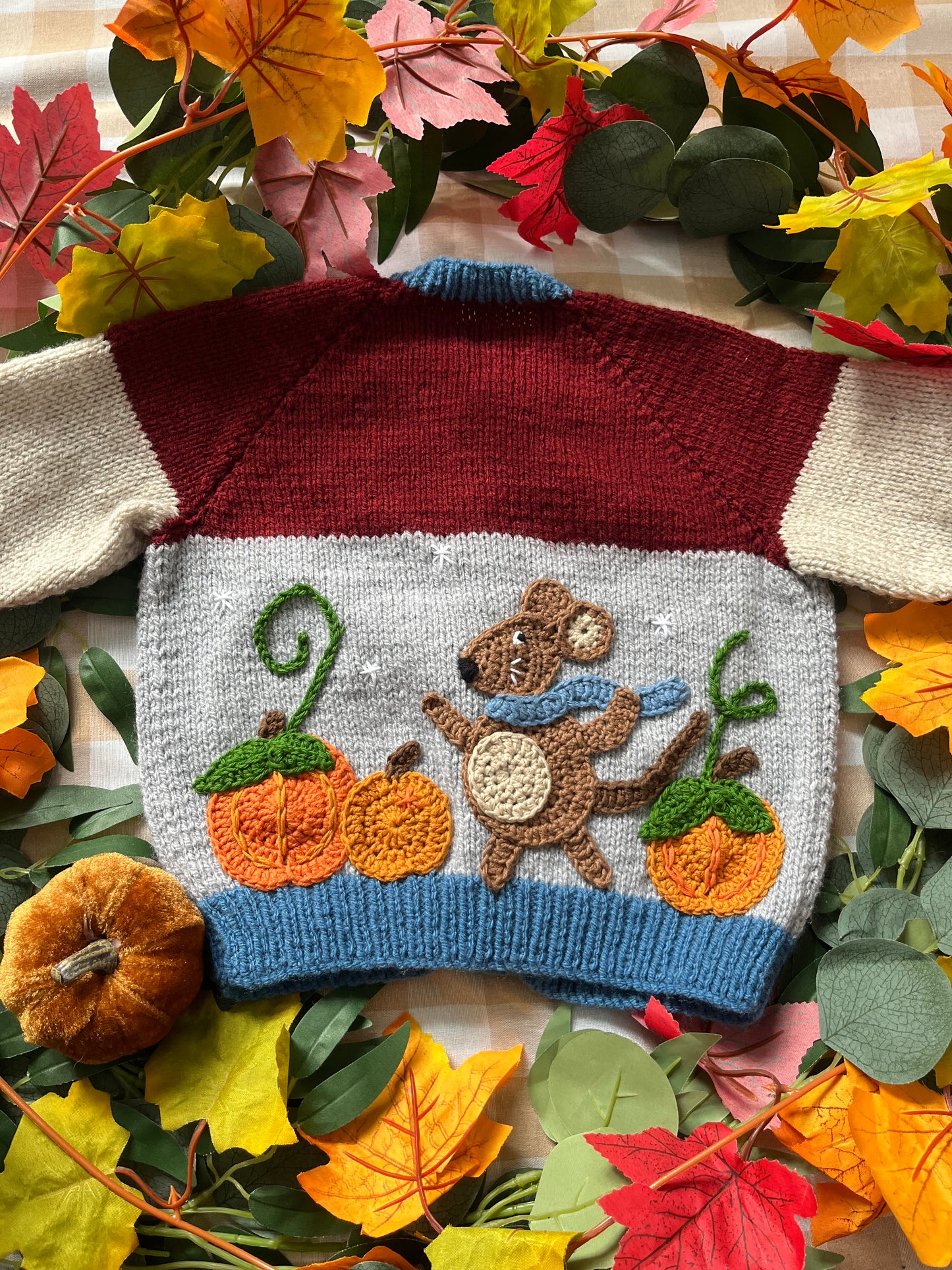 Size 1-2 Years, Field Mouse with Pumpkins, Burgundy, Beige and Grey
