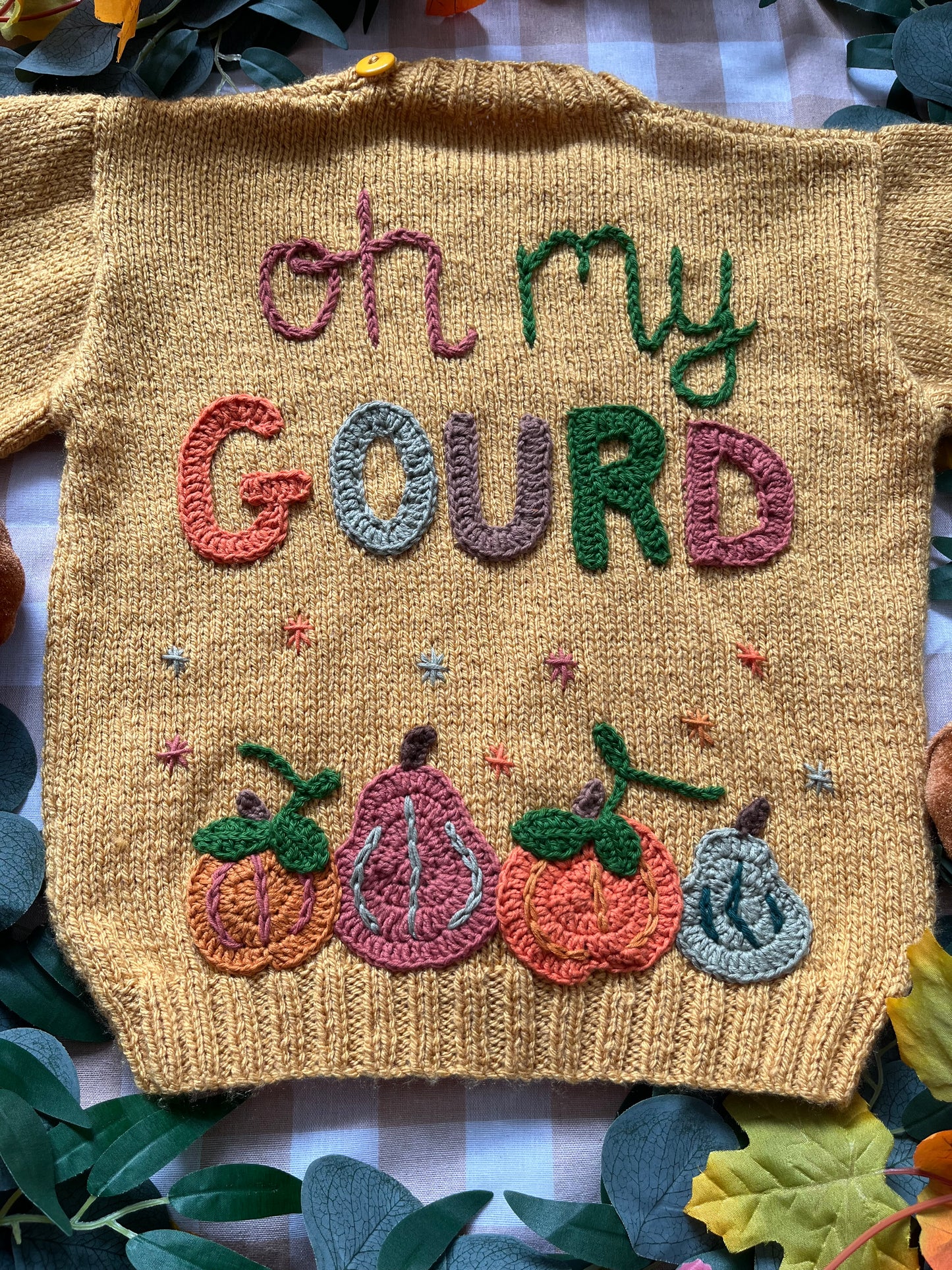 Size 3-5 Years, Oh my Gourd, Mustard Hand Knitted Jumper