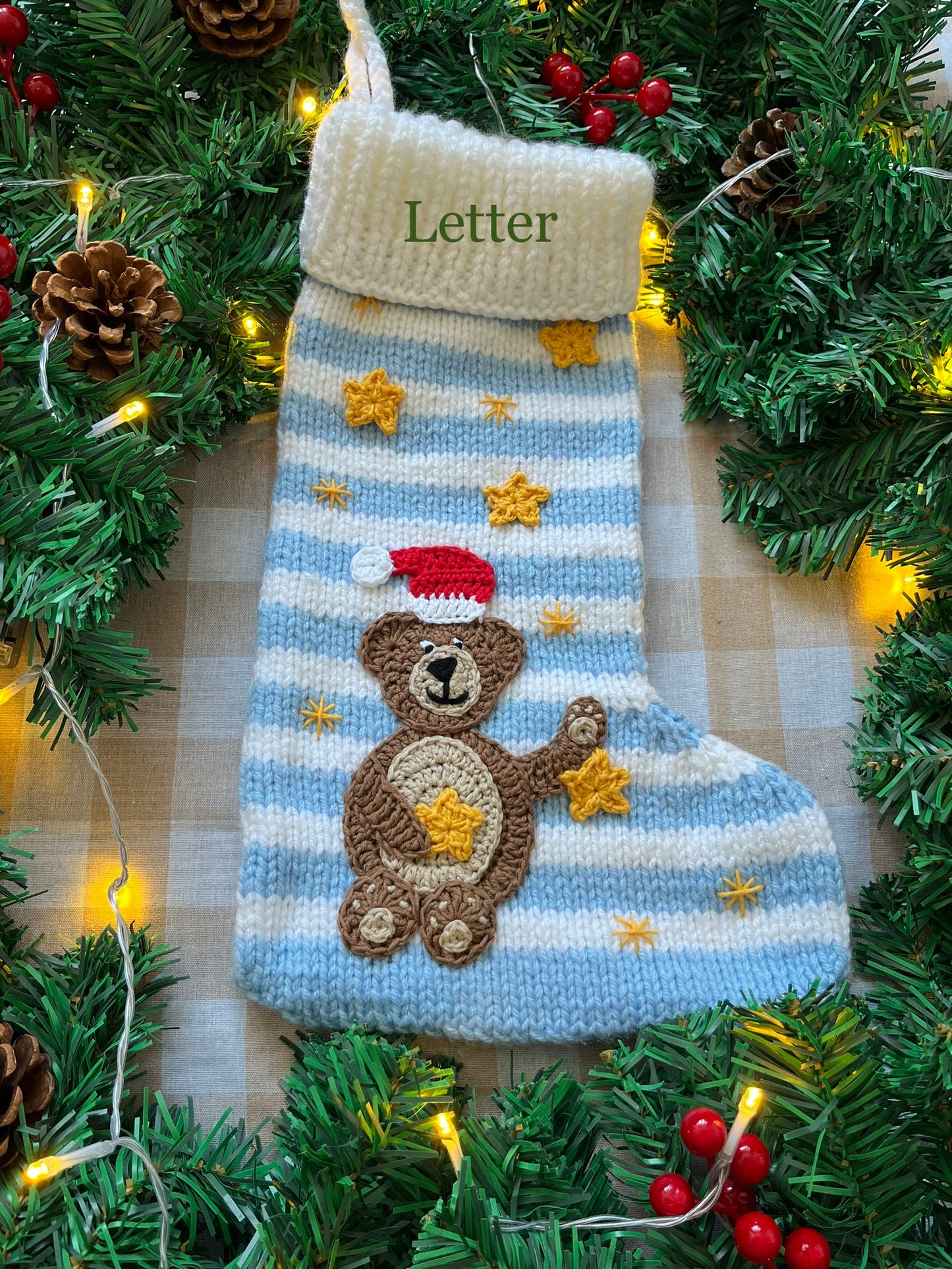 Christmas Stocking, Blue & White Stripe, Bear with Stars